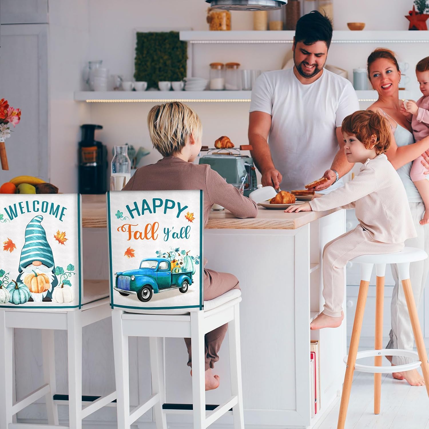 Blulu 4 fundas protectoras para sillas de comedor de Acción de Gracias, calabazas blancas y azules, gnomo, decoraciones de otoño, fundas de asiento