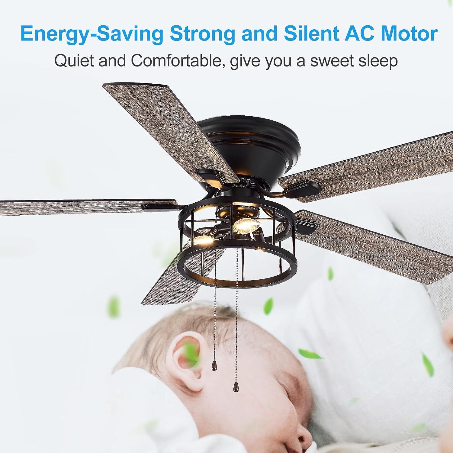 Ventilador de techo de montaje empotrado de 52 pulgadas con cadena de luz, 5 cuchillas reversibles, lámpara de techo de iluminación de cristal de