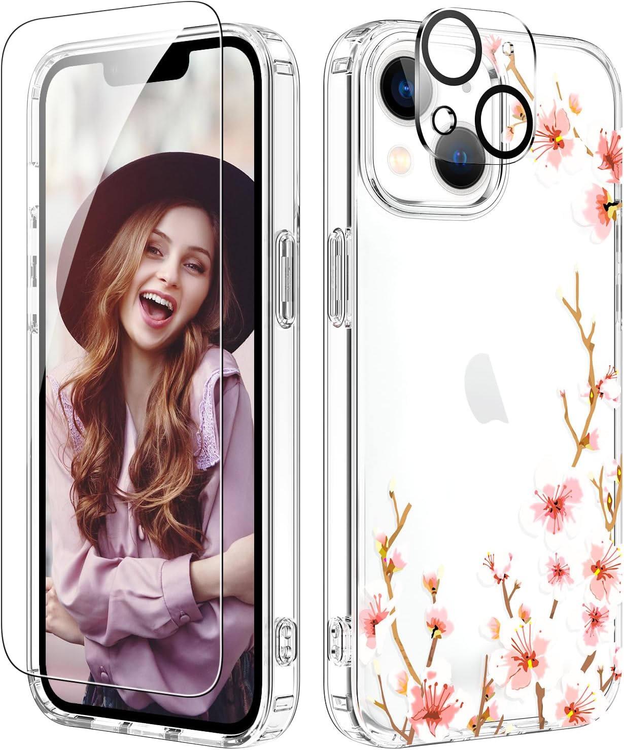 ZQWY Funda floral compatible con iPhone 15, diseño de patrón de flores transparentes, policarbonato duro + funda protectora de TPU suave para
