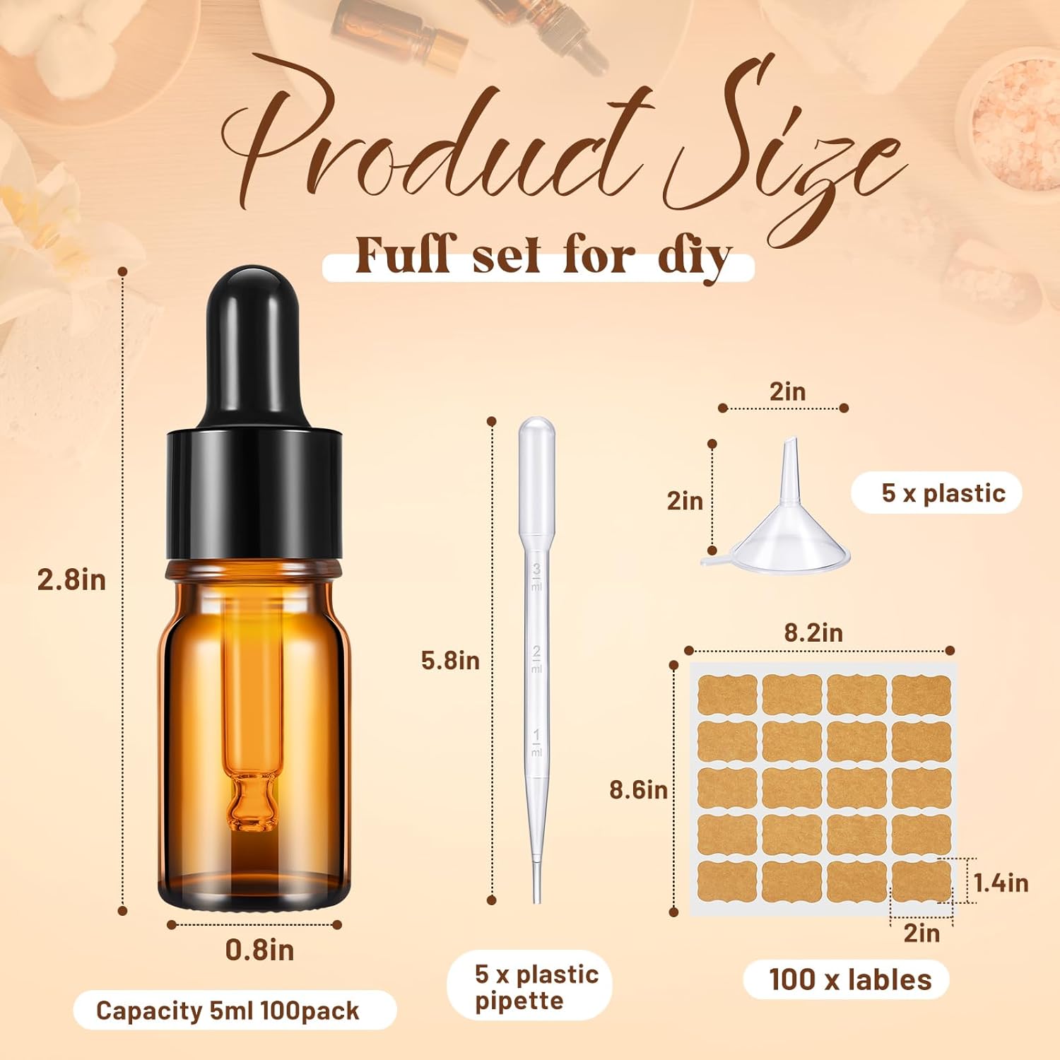 Uiifan Paquete de 100 botellas con cuentagotas de vidrio ámbar de 0.2 fl oz con 5 pipetas de plástico de 0.1 fl oz de largo, 5 embudos, 5 hojas de