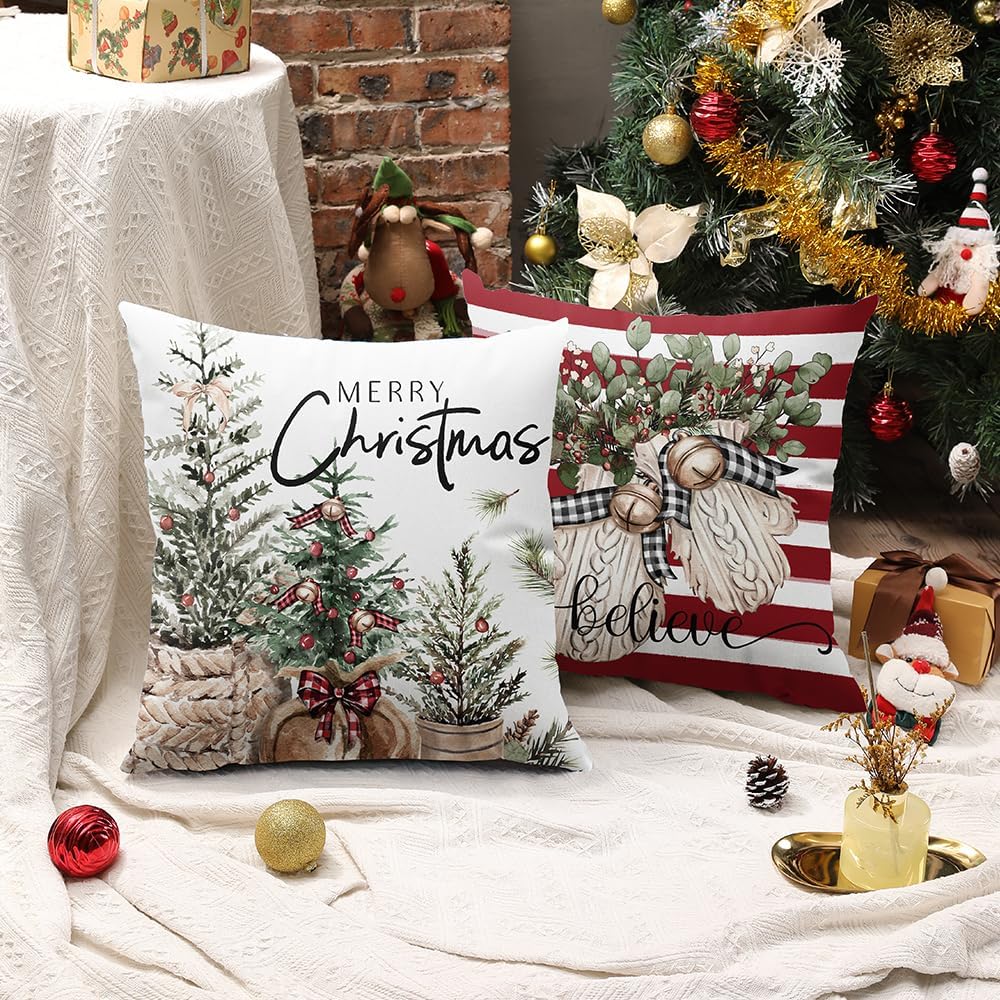 DFXSZ Juego de 4 fundas de almohada de Navidad de 20 x 20 pulgadas, guantes de árbol de Navidad decorativos de invierno con diseño de rayas rojas y
