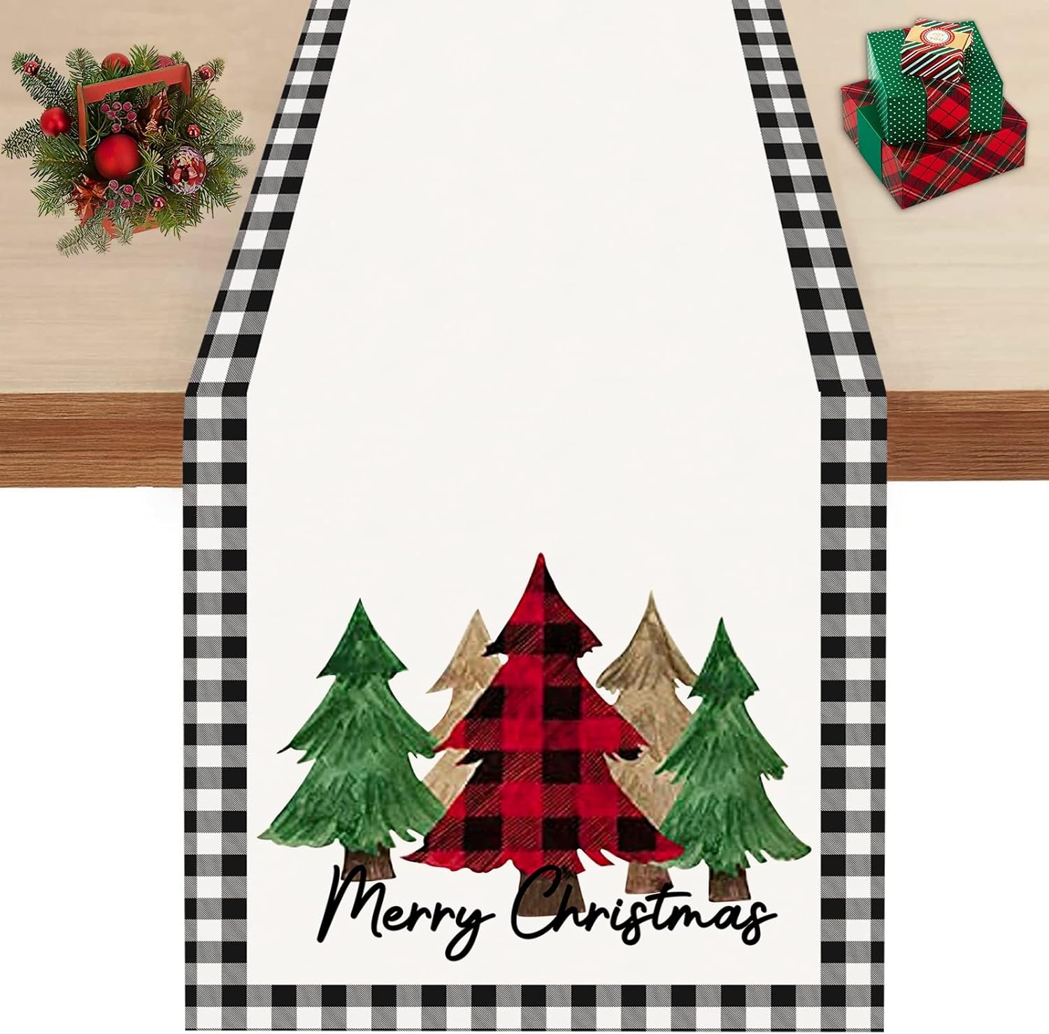 Camino de mesa de Feliz Navidad de 13 x 72 pulgadas, acuarela, árbol de Navidad, búfalo, caminos de mesa a cuadros, temporada de invierno, Navidad,