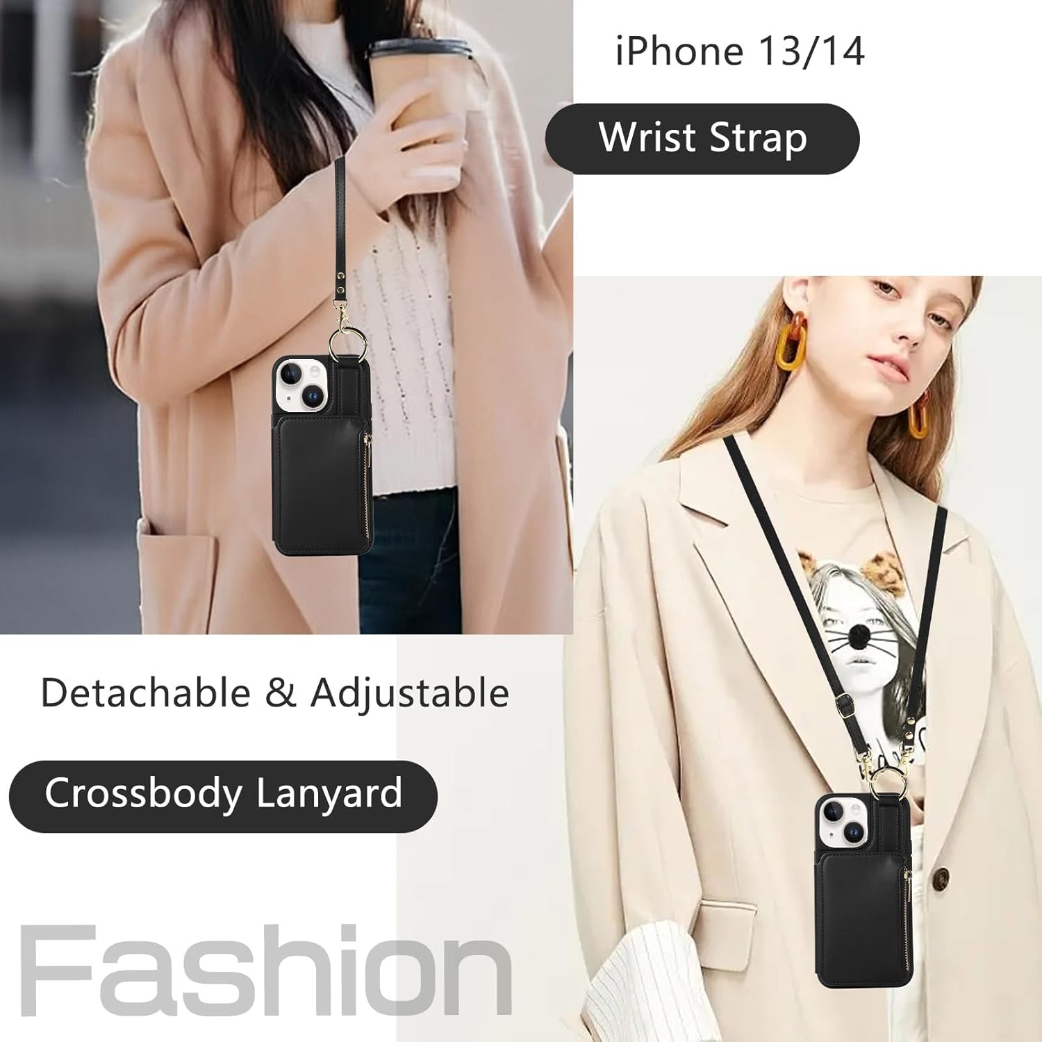 TopPerfekt Funda cruzada para iPhone 14 iPhone 13 con tarjetero y correa para el hombro, correa para la muñeca, bolso de mano con cremallera de