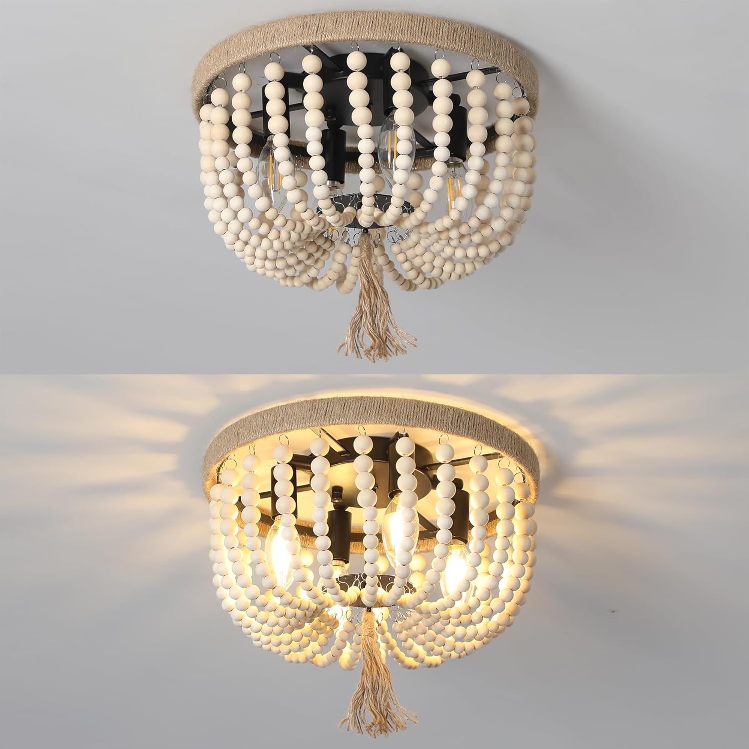 Lámpara de techo bohemia con cuentas de madera, 4 luces de roble blanco, estilo bohemio, para dormitorio, pasillo, entrada, cuarto de bebé, pasillo,