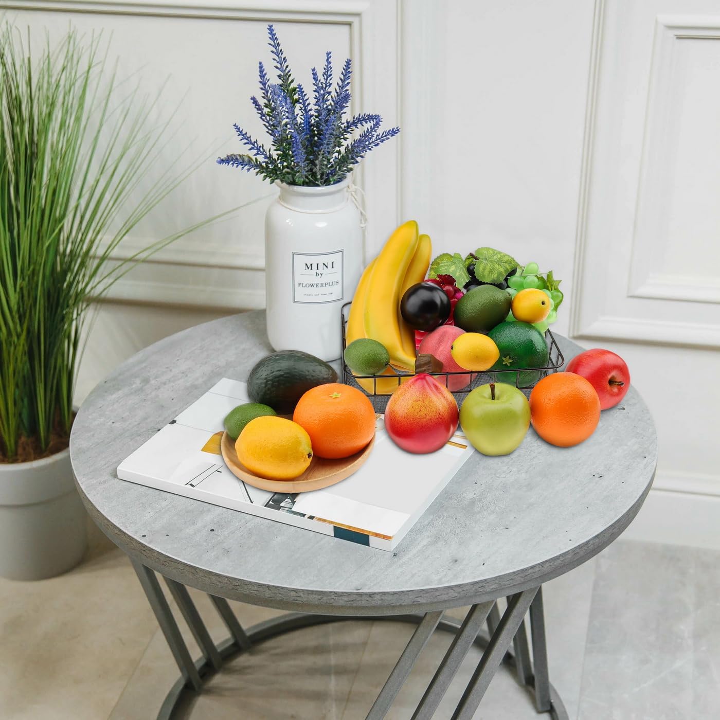 19 piezas artificiales de mezcla de frutas falsas de 3 cabezas, plátano, uva, limón, manzana, melocotón, naranja, aguacate, nectarina, decoración de