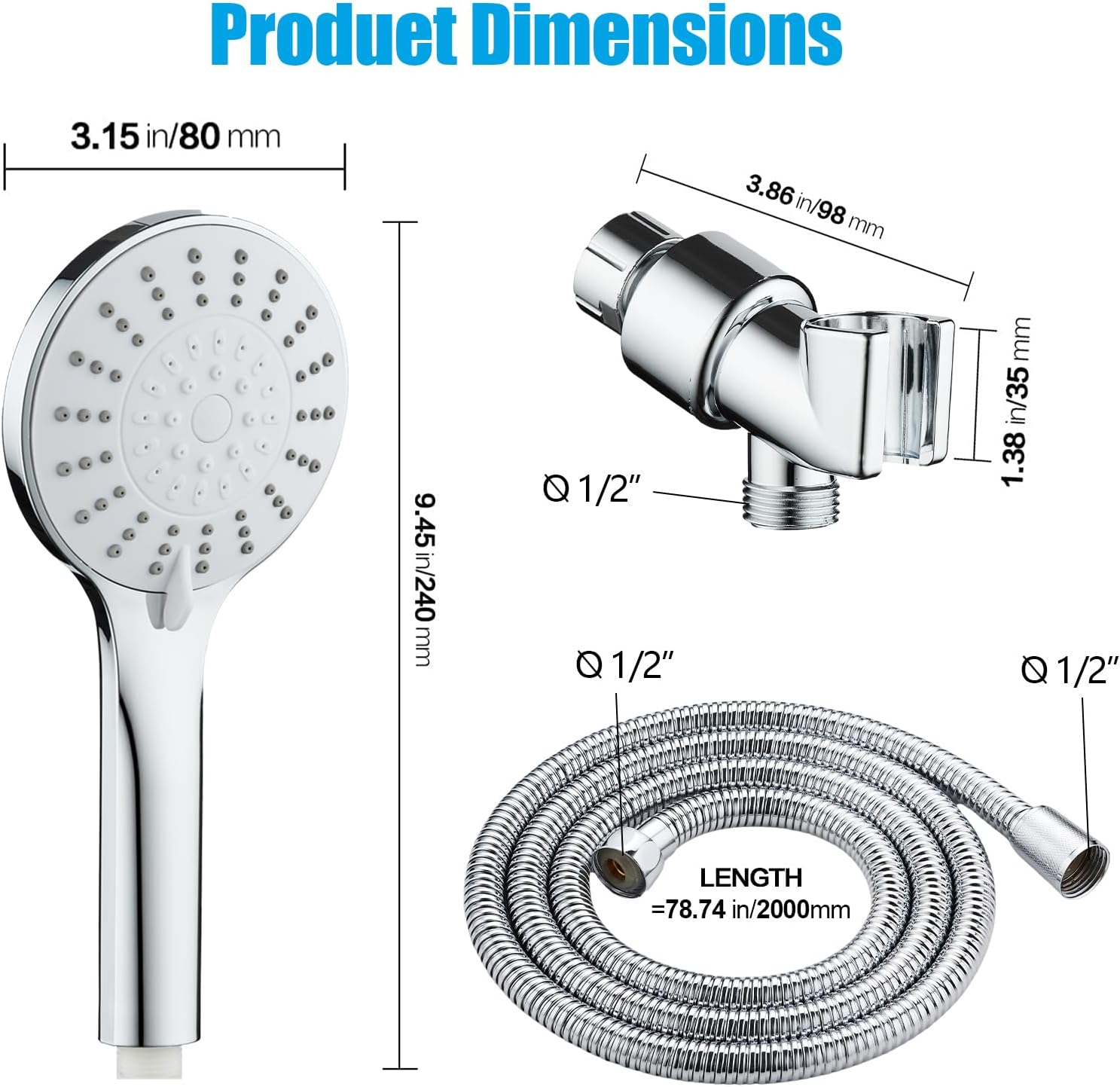 Ducha de mano de alta presión potente 5 modos de pulverización ahorro de agua ángulos ajustables 6.6 pies manguera de acero inoxidable cabezal de