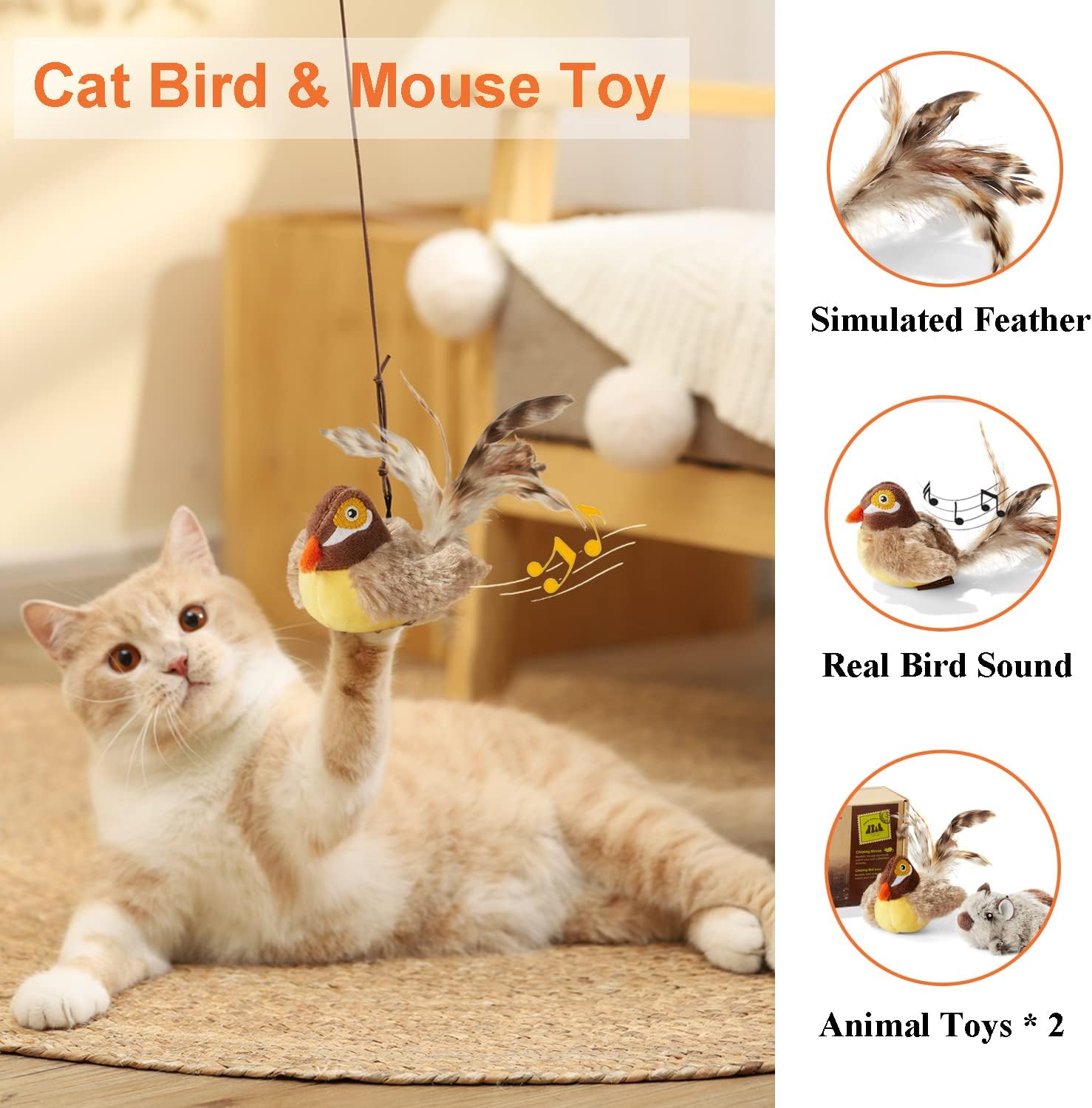 Paquete de 2 juguetes para gatos, paquete interactivo de juguetes para gatos de interior, plumas, plumas, pájaro y gato, ratón chirriante, lindo