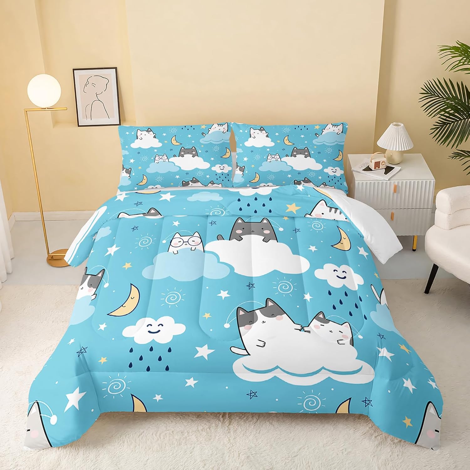 QOOMO Edredón de gato tamaño individual, juego de edredón de gatos de nube azul para niños, adolescentes, niñas, niños, juego de ropa de cama