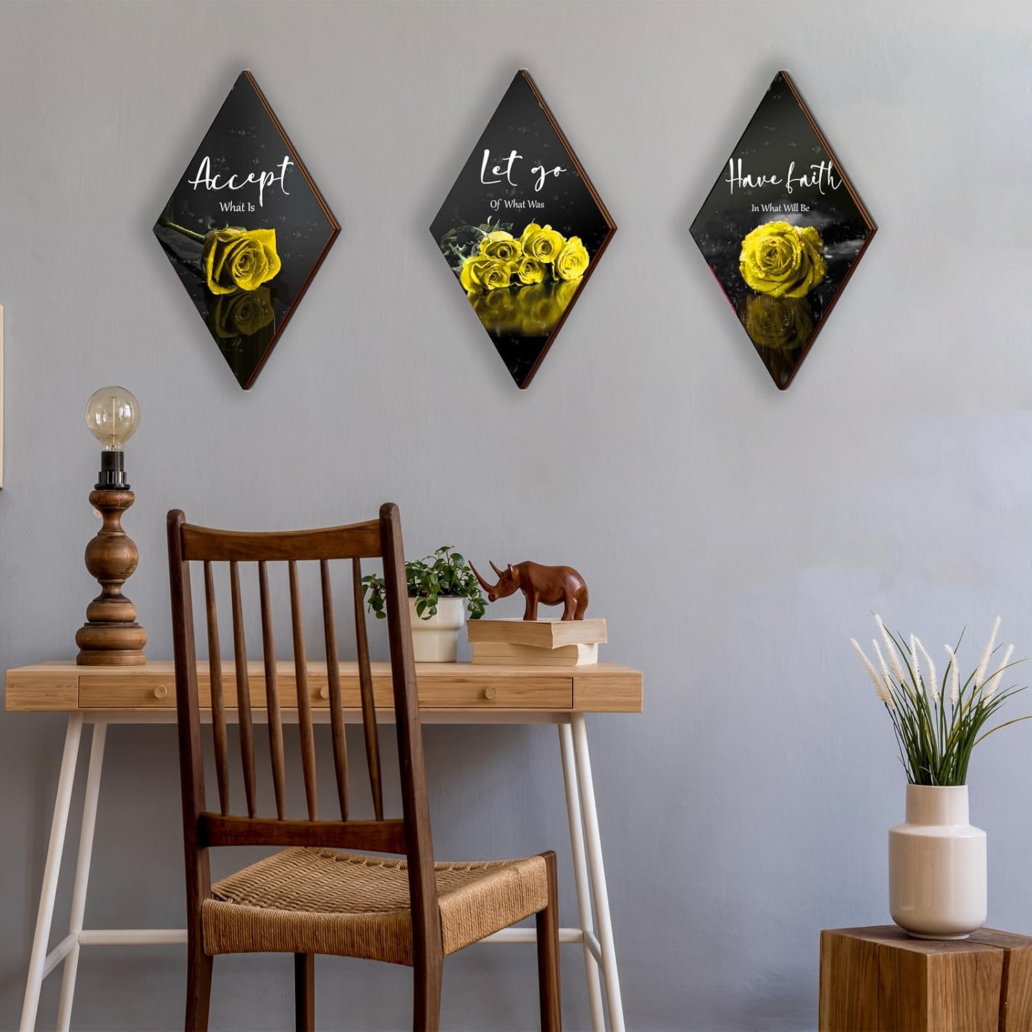 3 piezas de decoración de pared de baño con rosas amarillas, decoración inspiradora de madera, decoración de pared de oficina con letrero de aceptar