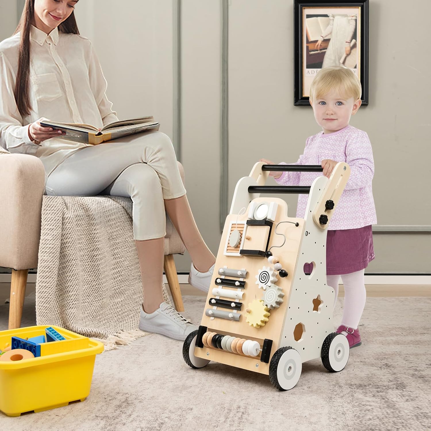 HONEY JOY Andador de empuje para bebés, centro de actividades de madera con asas ajustables, clasificador de formas, habilidades motoras y