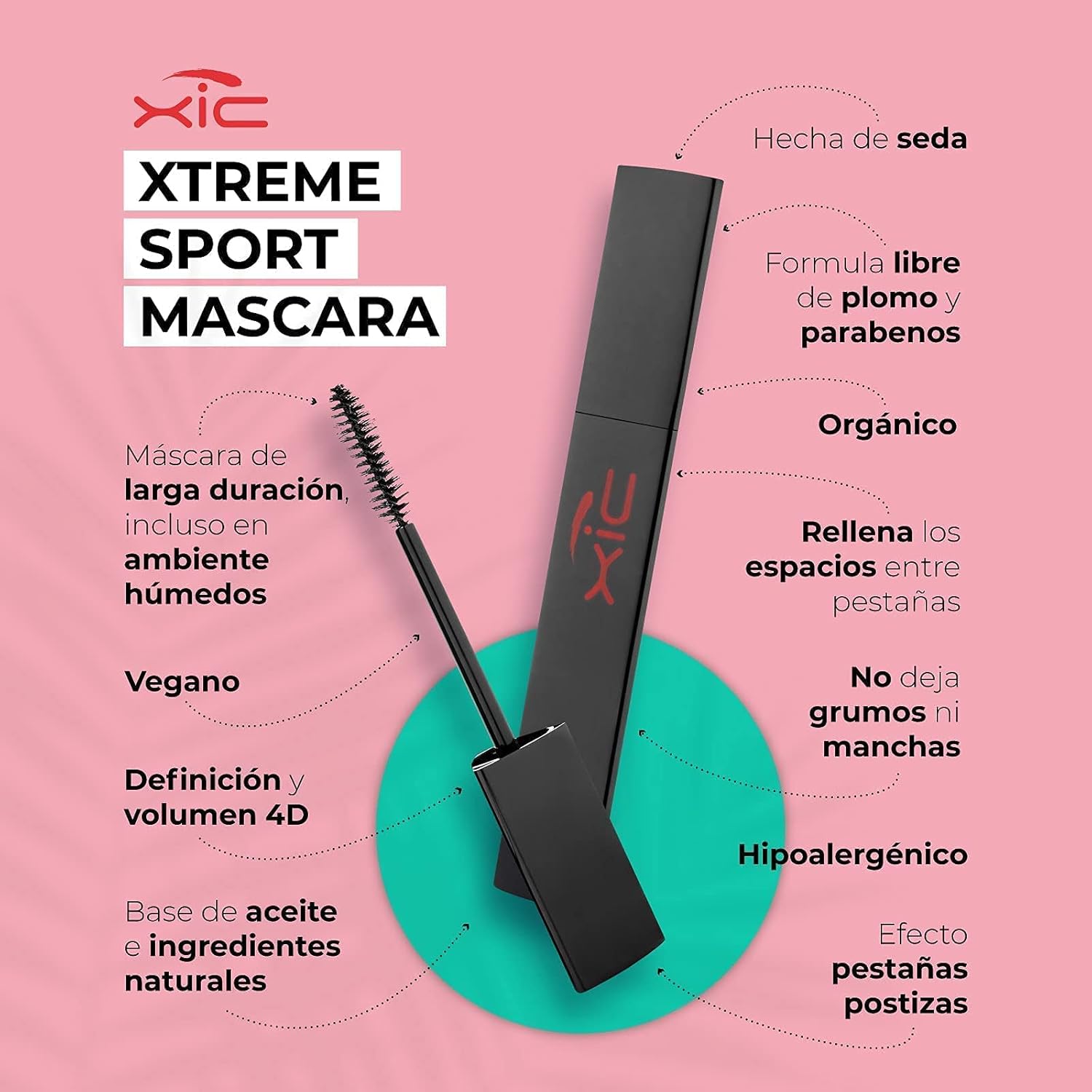 XiC Glam. Máscara negra intensa, no baja las pestañas, resistente al sudor, máscara impermeable especial para ejercicios y extracciones. Sin grumos.