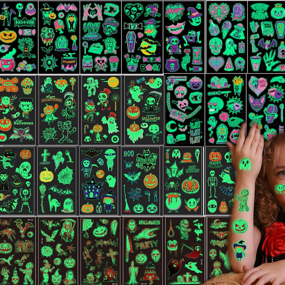 300 tatuajes temporales de Halloween para niños que brillan en la oscuridad, tatuajes falsos estilo Halloween 2023 calcomanías para niños y niñas,