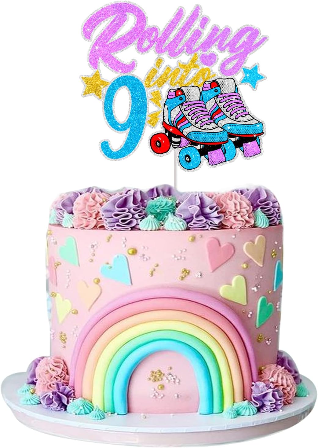 Decoración de pastel de patinaje para niños y niñas, 9 cumpleaños, retro, de los años 80, 90, 80, arco iris, patinaje, suministros de fiesta de
