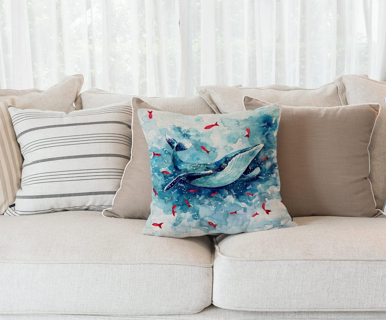 Funda de almohada para patio al aire libre, diseño de ballena en acuarela, decoración de granja, muebles exteriores, asiento oscilante, silla,