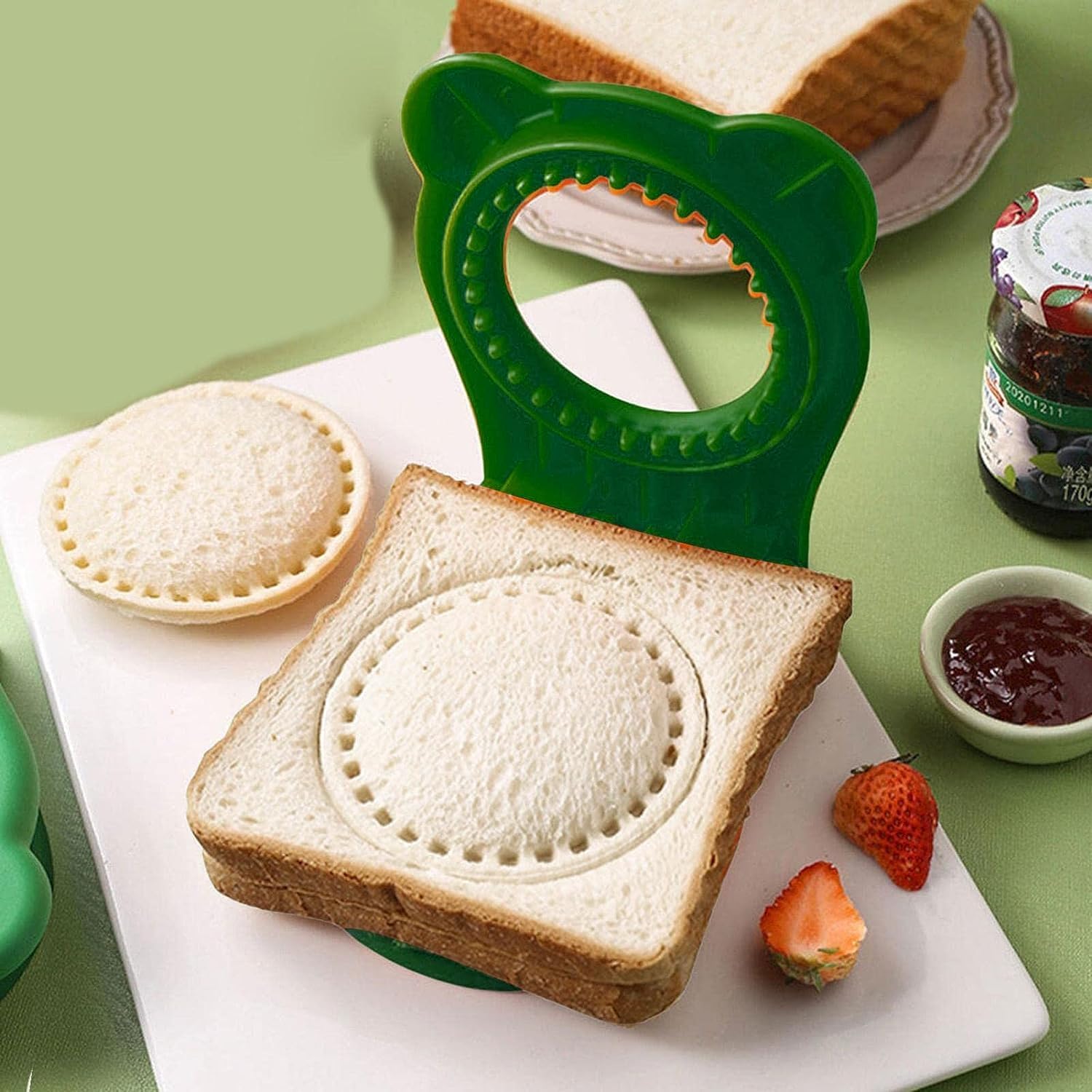 Juego de cortador y sellador de sándwiches para niños, panqueques para sándwich y caja Bento (1, verde)