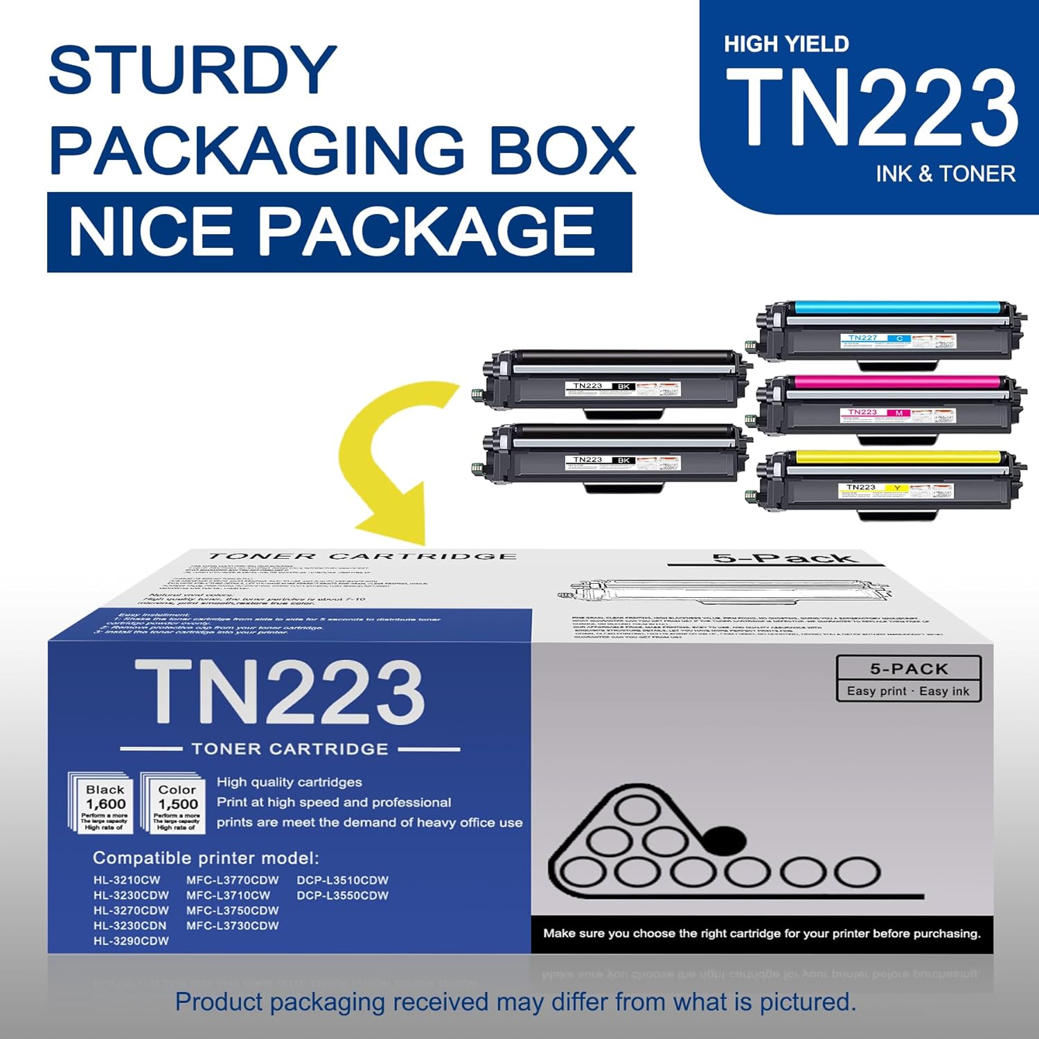 Paquete de 5 cartuchos de tóner TN223 BKCMY de alto rendimiento compatibles con TN223 Reemplazo para impresora Brother MFC-L3770CDW L3710CW L3750CDW