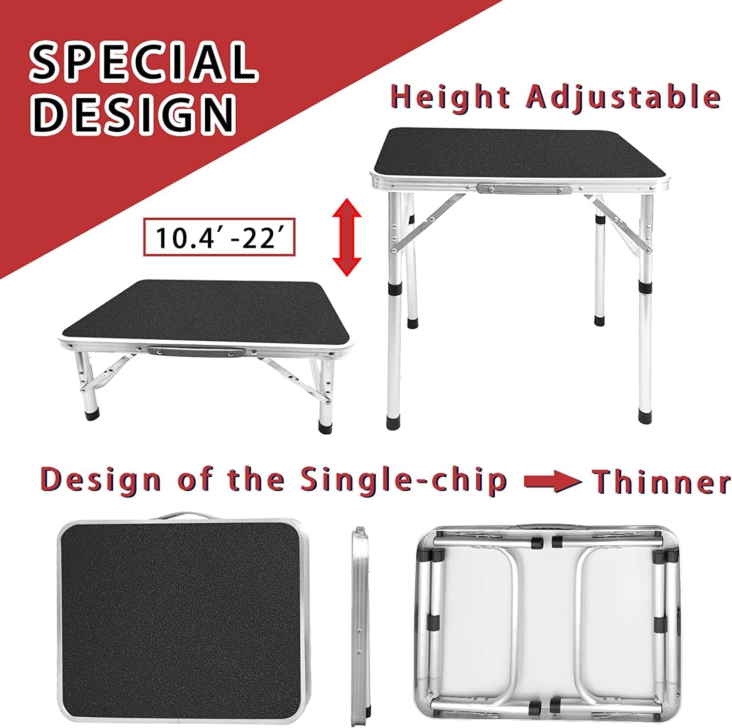 Mesa plegable pequeña, mesa de campamento portátil, altura ajustable, mesa de picnic de 2 pies, mesas de comedor plegables ligeras con patas de