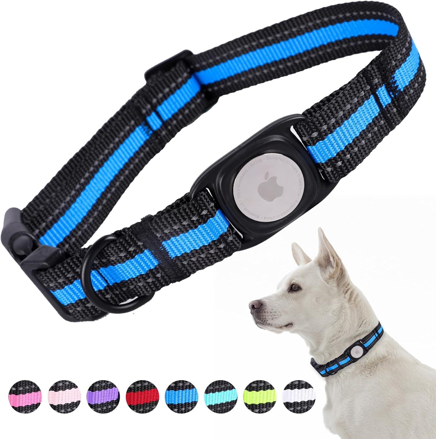 ARING PET Collar para perro Airtag, collar reflectante azul elegante, collar de perro de nailon ajustable ligero con soporte para Airtag