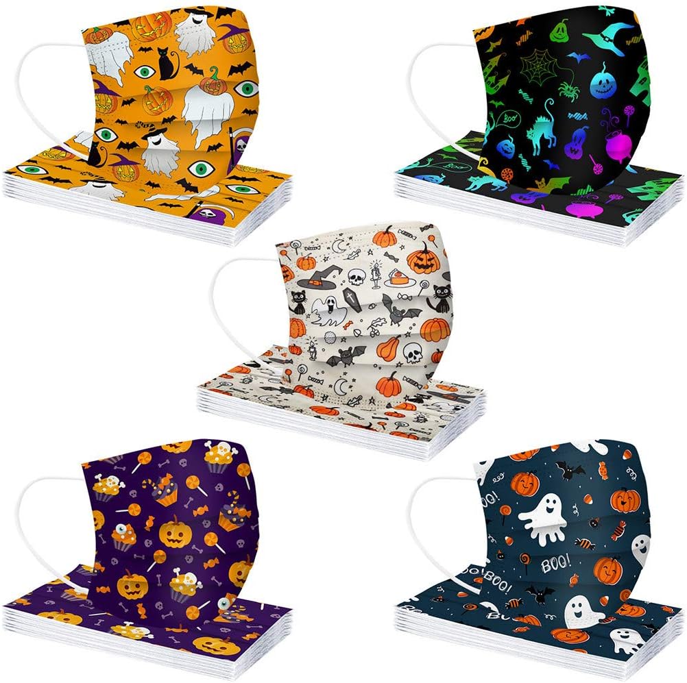 Paquete de 50 mascarillas desechables de Halloween para adultos con estampado de calabaza, 3 capas transpirables de Halloween para mujeres y hombres