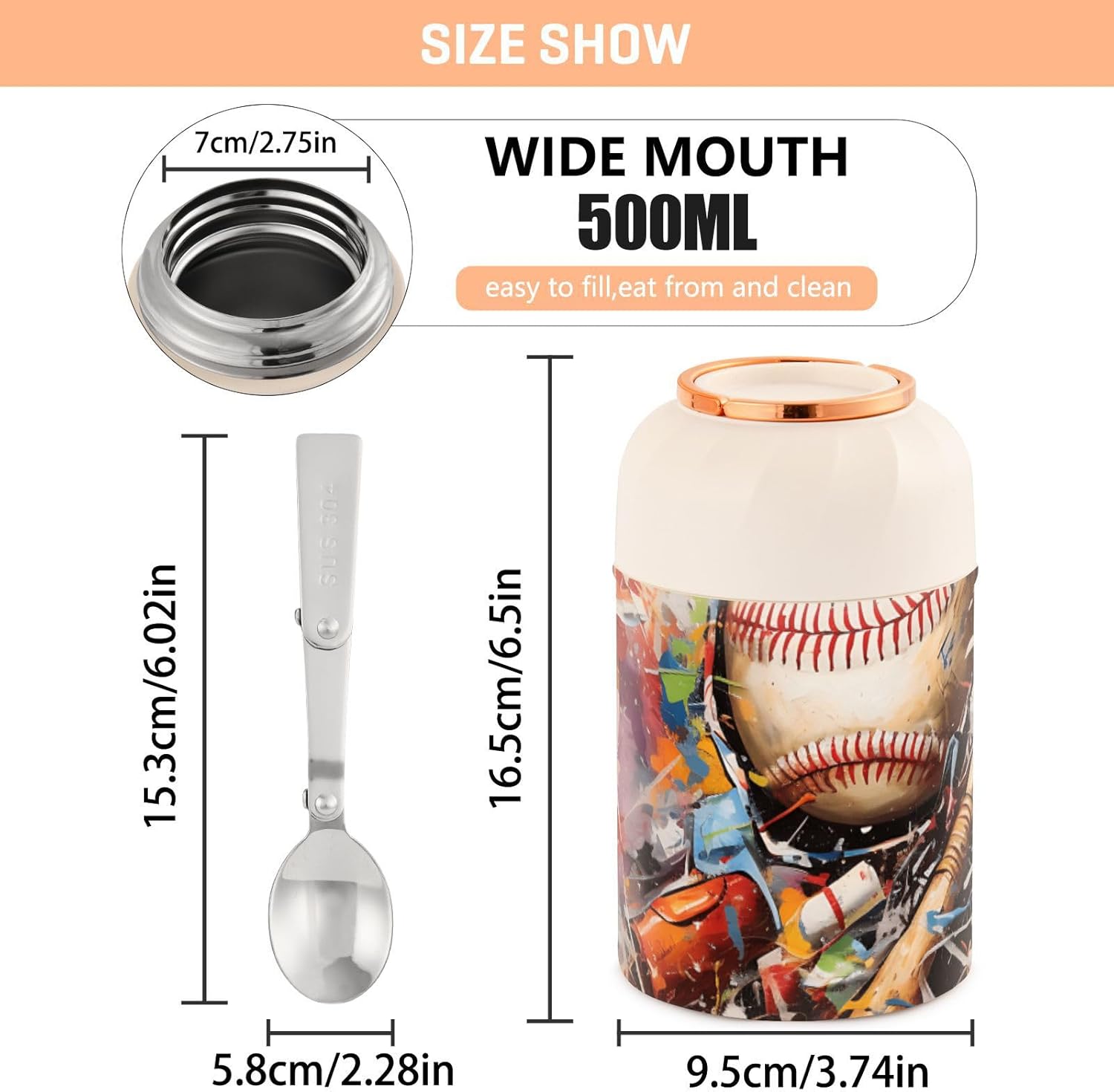 Baseball Baseball Bat Grunge Kids Womens Insulated Food Jar with Spoon 17oz500ml Thermal Food Jar Stainless Steel Vacuum Portable Thermal Food for