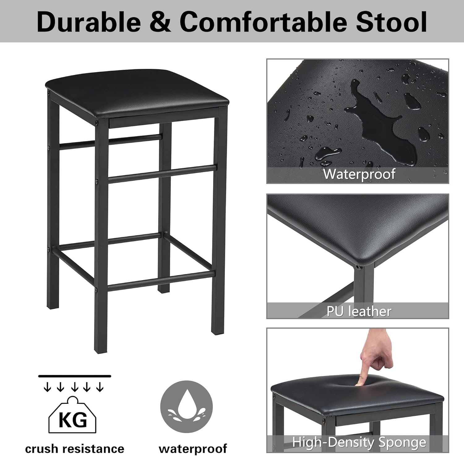 VECELO Taburetes de mesa de bar, 3 piezas rectangulares de altura de cocina, pub, mesa, sala de estar, bistró, juego de comedor para 2, negro retro
