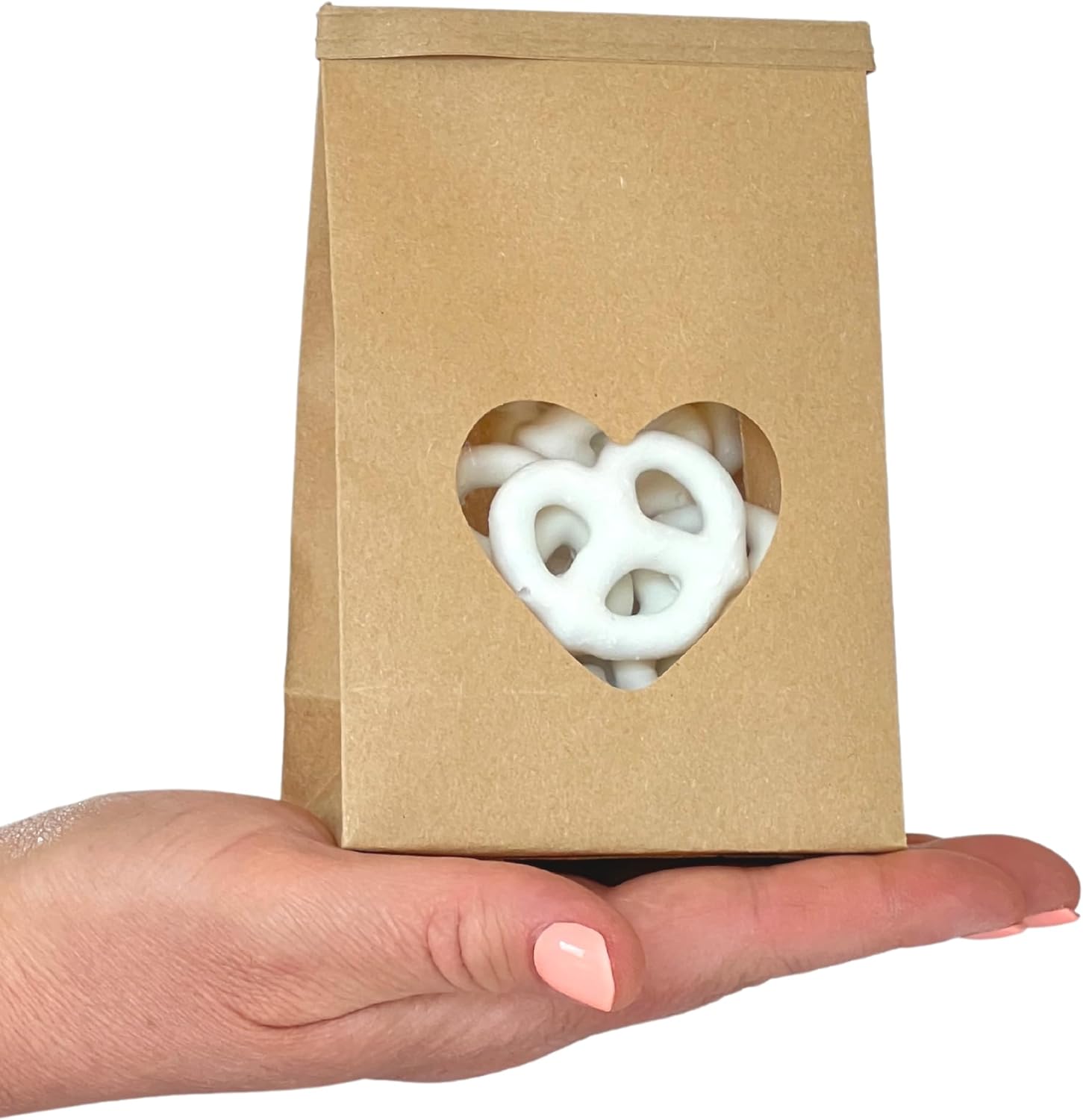 Bolsas de panadería con ventana de corazón, bolsas de papel kraft extra pequeñas, 100 unidades de 3.3 x 5.5 x 2 pulgadas, bolsas de bloqueo de