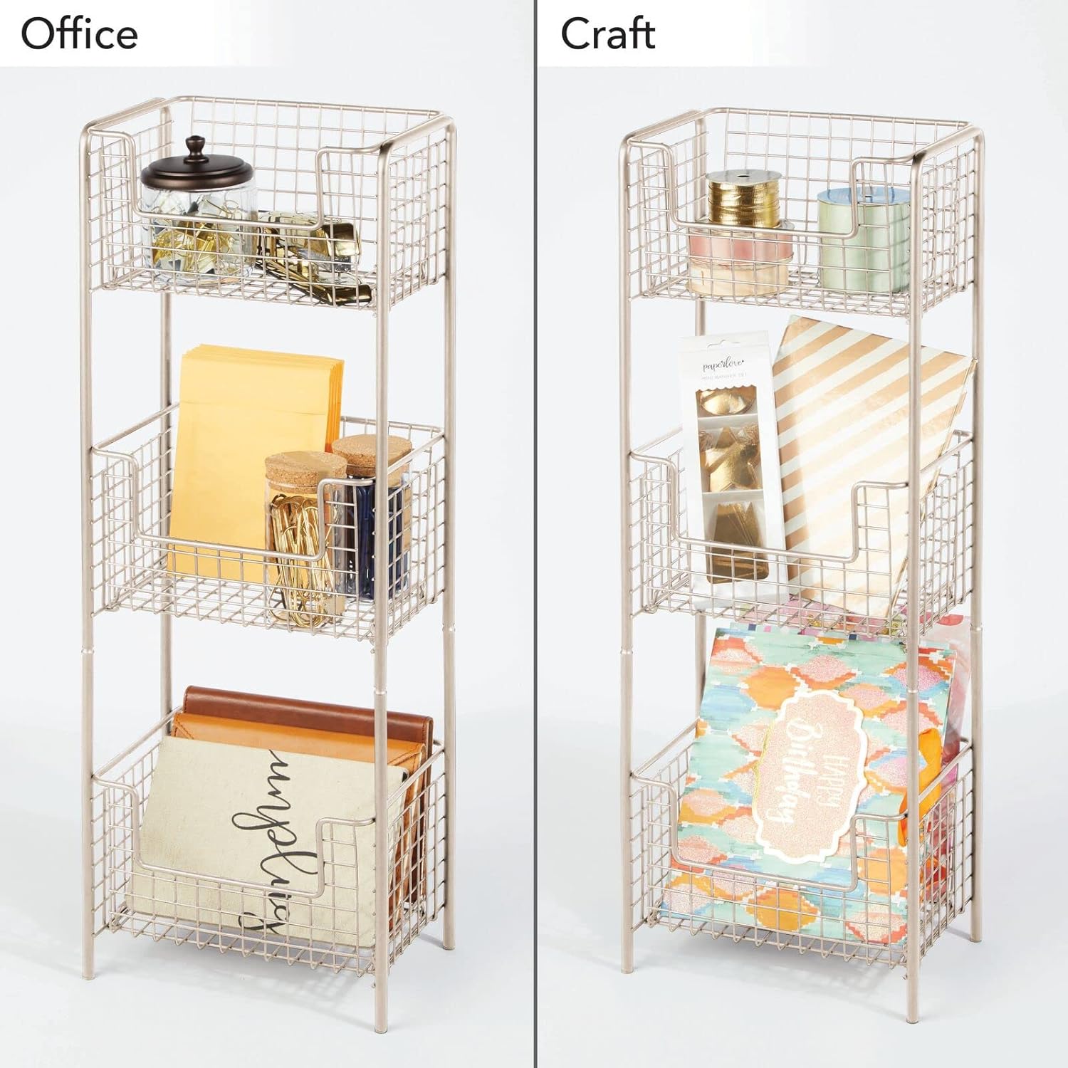 mDesign – Estantería vertical de 3 niveles para baño, organizador de almacenamiento de metal decorativo con 3 cestas para guardar y organizar