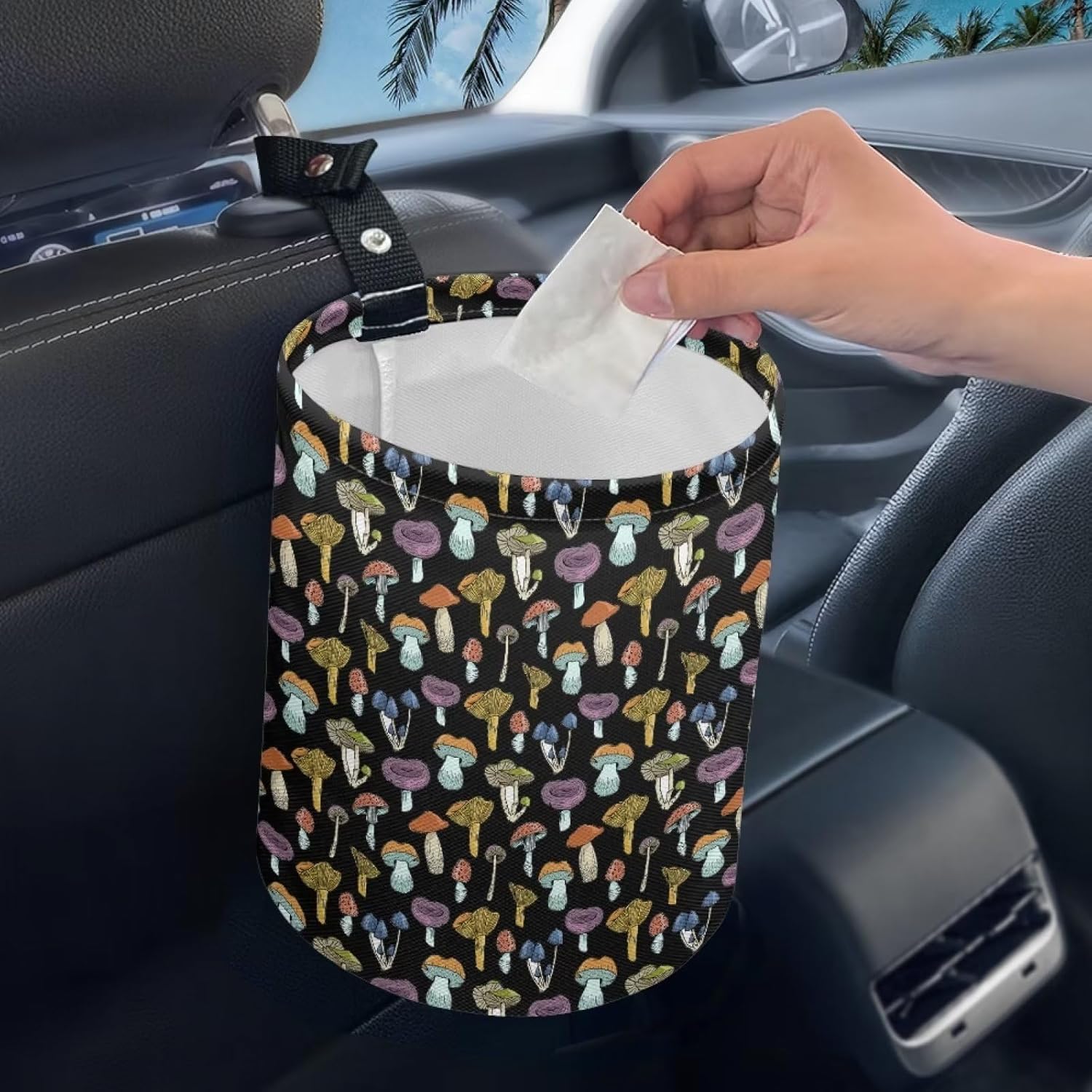 Darisoco Bolsa de basura de coche con diversos hongos, linda, portátil, plegable para asiento trasero, suelo o reposacabezas colgante, cesta de