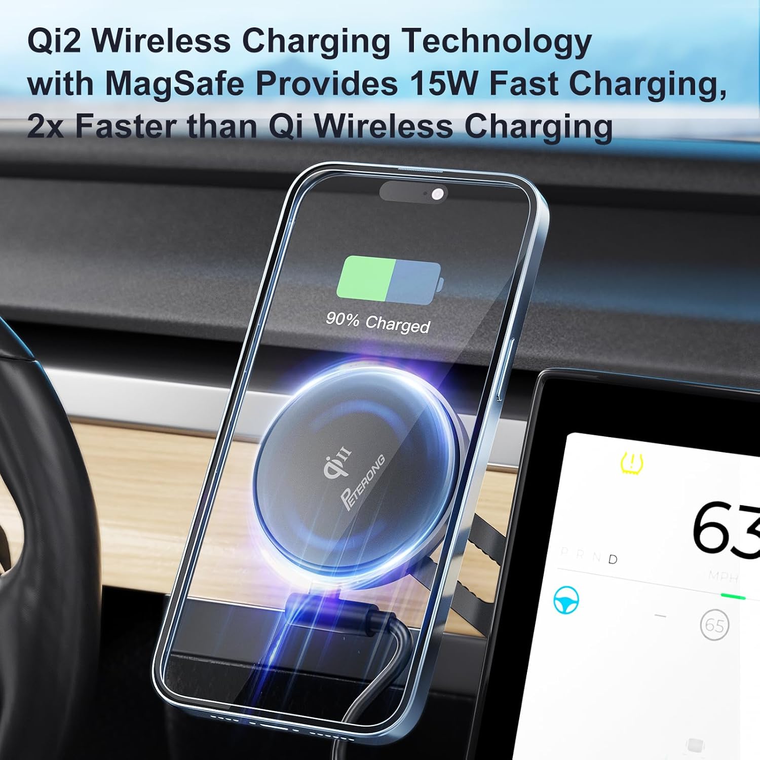 Qi2 Wireless Car Phone Charger Holder Compatible with MagSafe for Tesla Model 3Y, 15W Fast Charging Car Phone Mount Foldable Invisible Cradle Stand