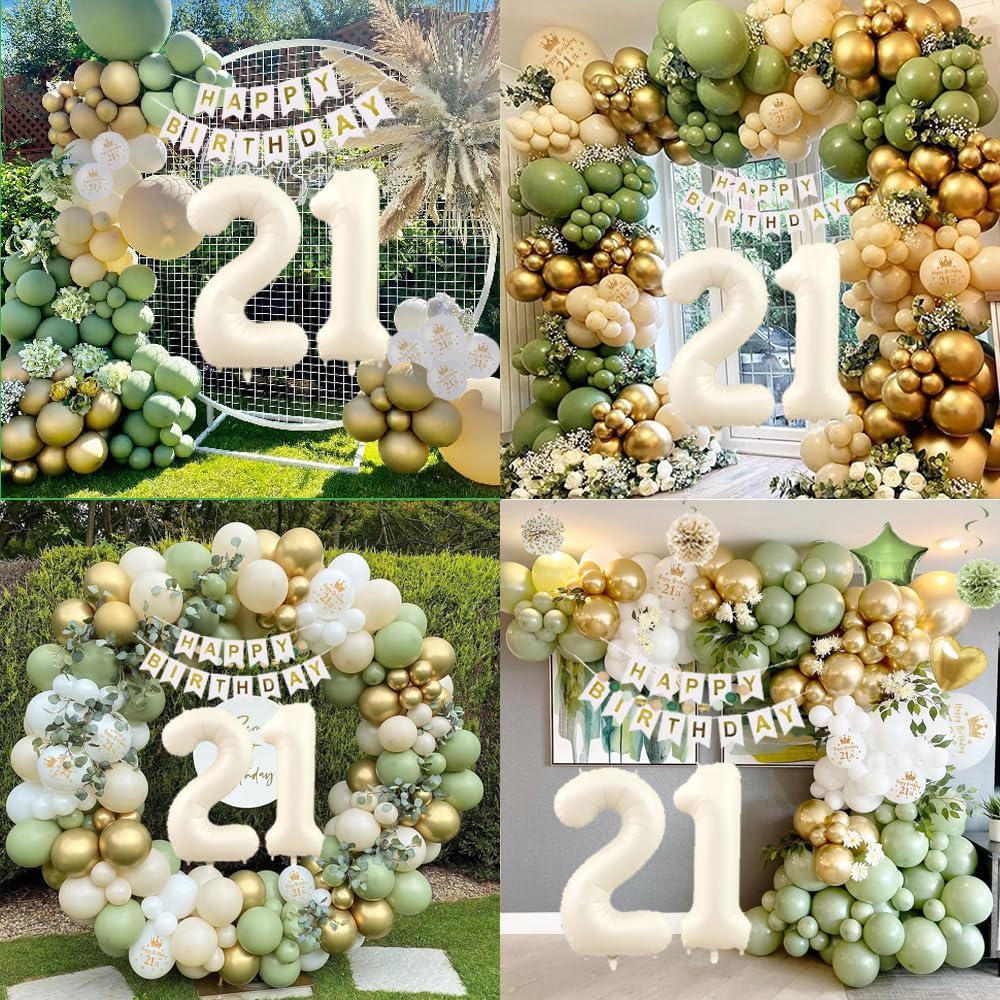 Decoraciones de cumpleaños 21 verde salvia para ella, juego de decoraciones de cumpleaños 21 verde oliva y dorado, pancarta de feliz cumpleaños,