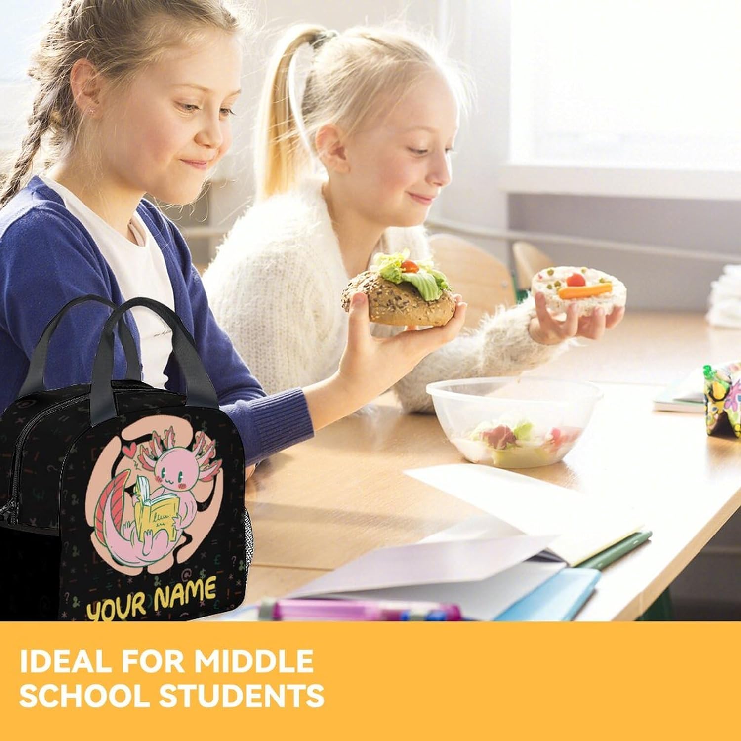 Axolotl – Lonchera reutilizable personalizada, bolsas de almuerzo con aislamiento medio con correa para el hombro, lonchera Kawaii para mujeres,