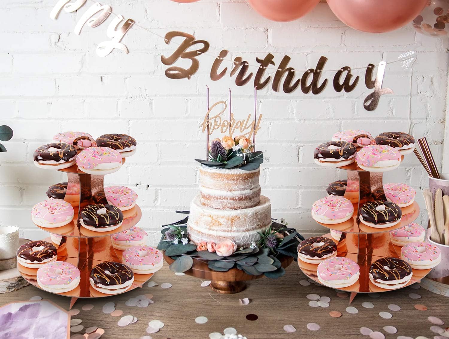 Juego de 2 soportes redondos de cartón de 3 niveles de oro rosa para 24 cupcakes, perfecto para mujeres y niñas, cumpleaños, despedida de soltera,