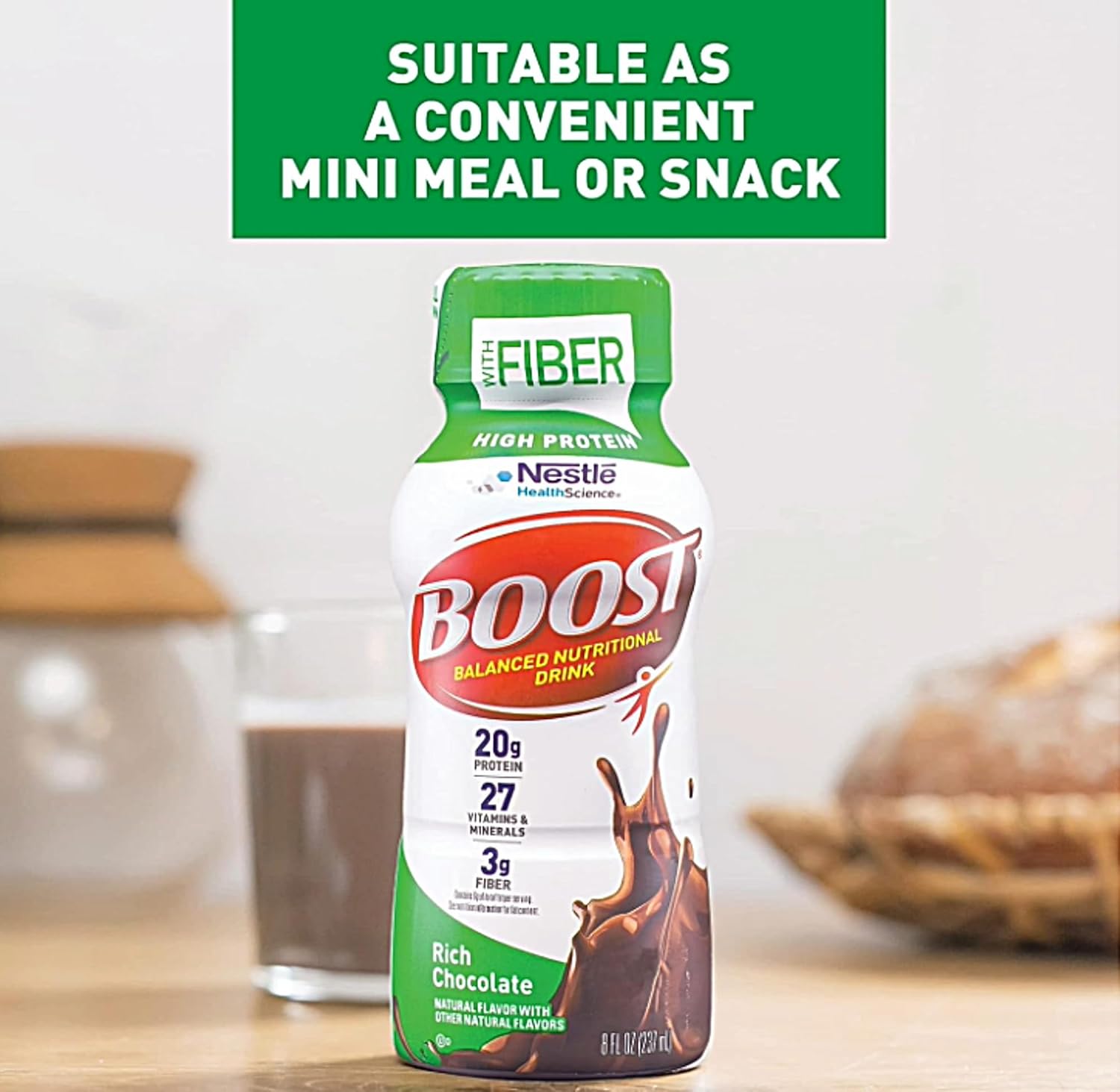 Boost Balanced – Variedad de batidos nutricionales  Alto en proteínas  Sabores de chocolate, fresa, vainilla  0.71 onzas de proteína, 27 vitaminas y