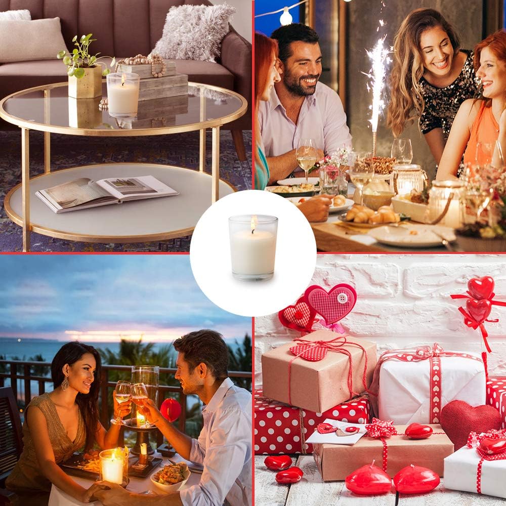 Kingyo Paquete de 12 velas votivas rellenas de vidrio transparente blanco sin perfume, 12 horas de tiempo de combustión, perfectas para recepciones