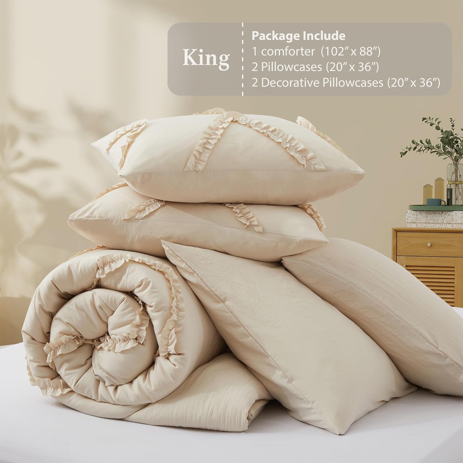 BEDAZZLED Juego de edredón King  Edredón beige con volantes de 5 piezas, ropa de cama en una bolsa, edredón de cama texturizado, elegante juego de