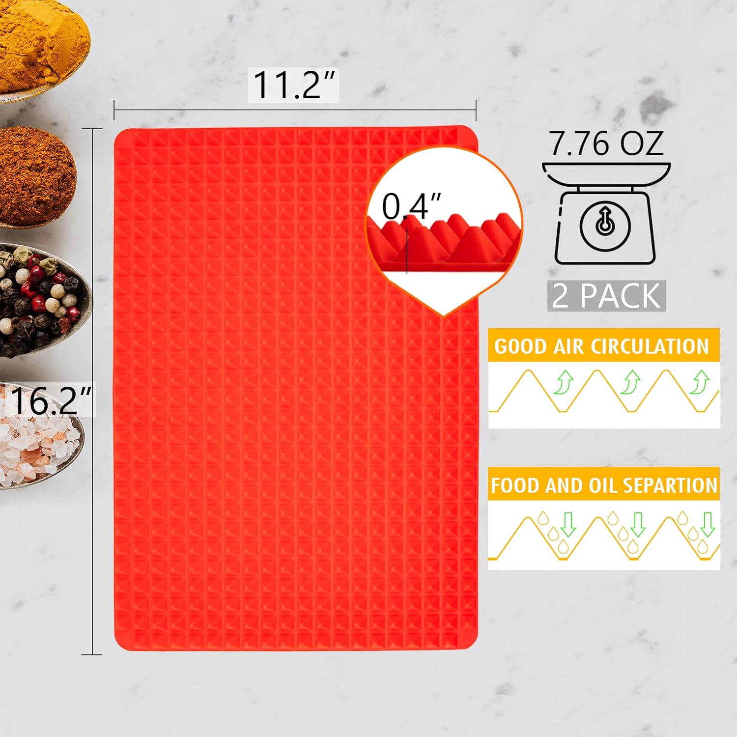 Bandeja piramidal de silicona, 16 x 11 pulgadas, alfombrilla grande de pirámide roja para hornear, bandeja para horno, bandeja para hornear,