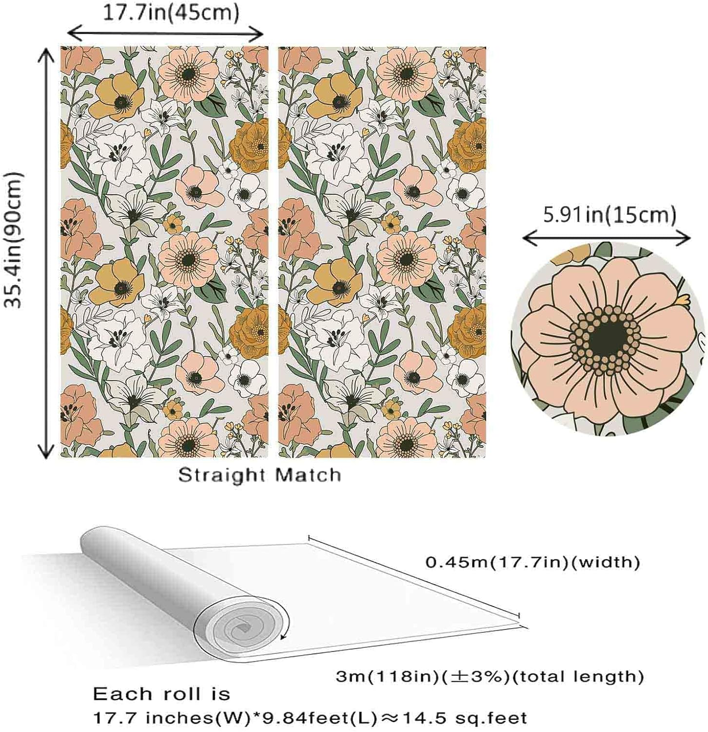 Abyssaly Papel tapiz vintage floral para despegar y pegar, papel de contacto retro extraíble, papel tapiz de vinilo autoadhesivo de flores para