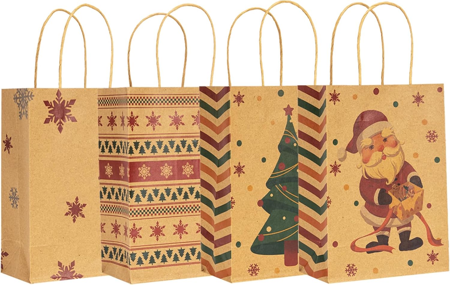 RACETOP 24 bolsas pequeñas de regalo de Navidad con asas, 4 diseños de bolsas de papel kraft de Navidad para bolsas de regalos de Navidad, recuerdos