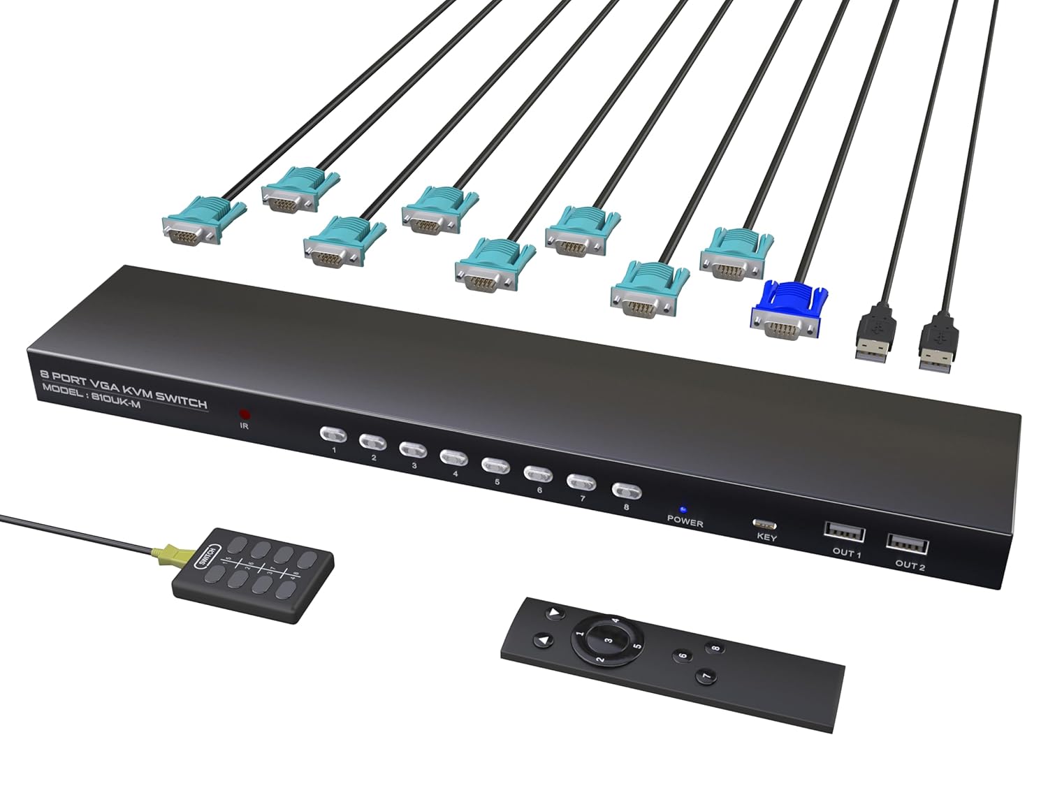 Conmutador KVM VGA de 8 puertos – Interruptor KVM con control remoto, conmutador USB 8 computadoras comparten 1 monitor, 4 concentradores USB 2.0,