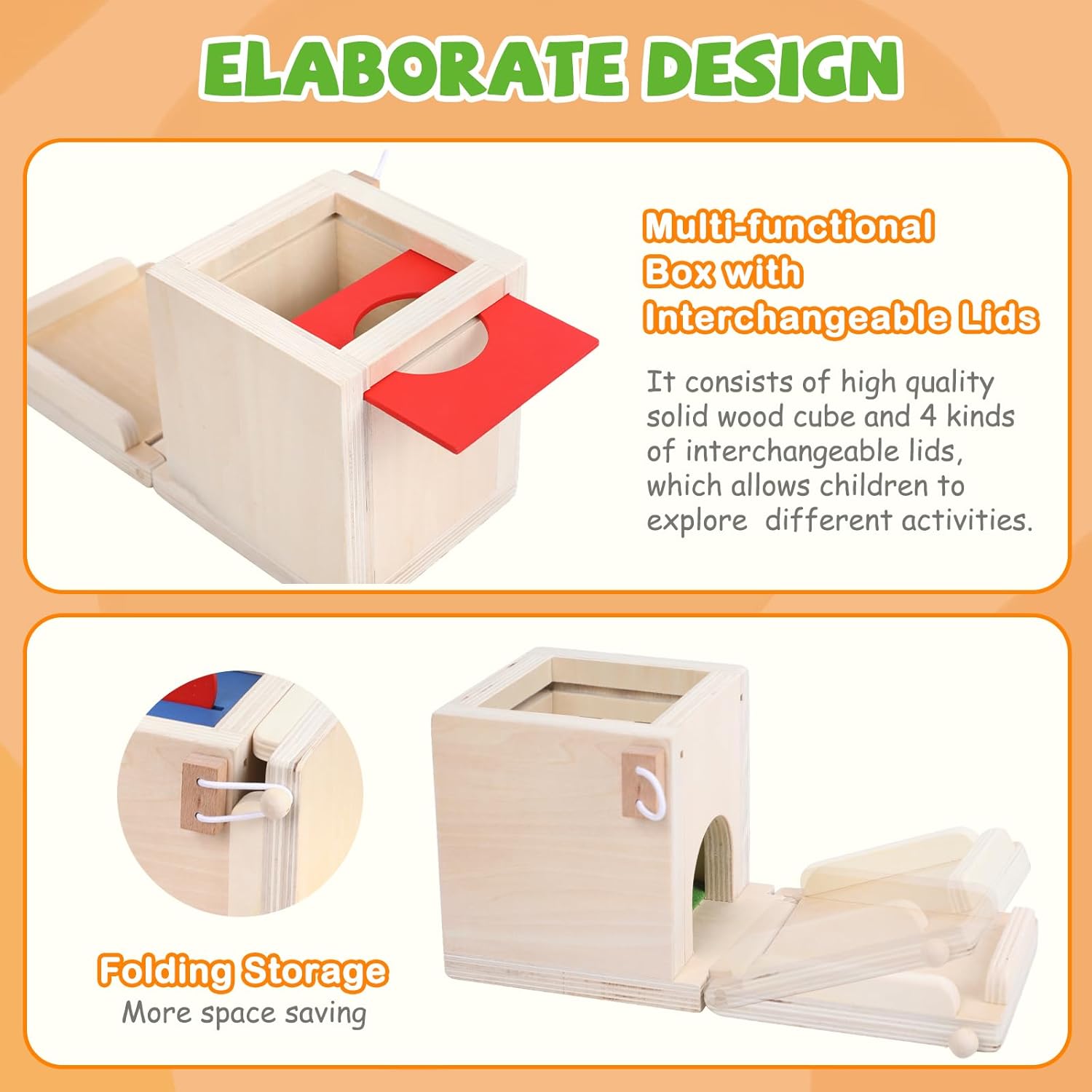 Wooden Montessori Toys Toddlers Play Kit, 4-in-1 Object Permanence Box, Coin Box, Carrot Harvest, Color Match Sticks Drop Game, Educational Learning