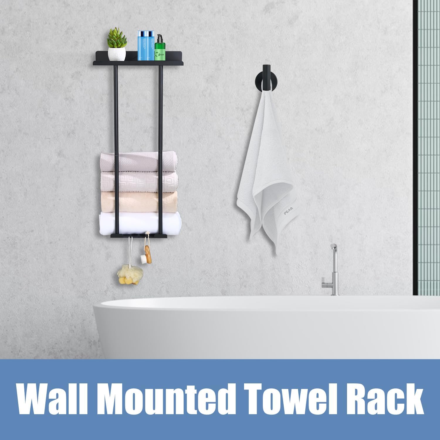 Toalleros para baño montados en la pared, toallero ajustable de 15-30 pulgadas con estante, 3 ganchos y para toallas enrolladas, almacenamiento de
