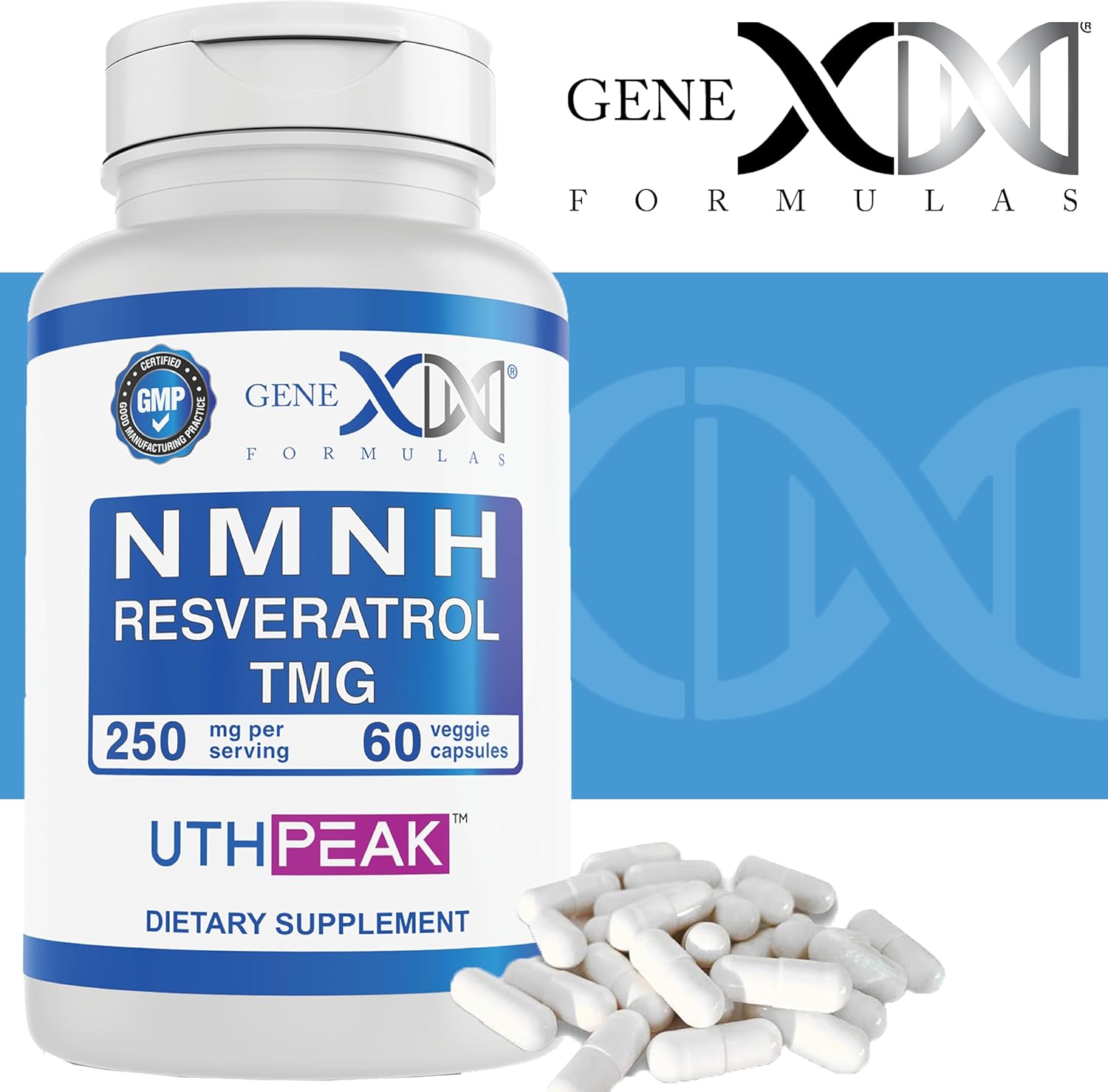GENEX 250mg NMNH + Resveratrol + TMG (60 cápsulas – 30 porciones)  NMNH (mononucleótido de dihidronicinamida) + 98% de resveratrol + TMG para un