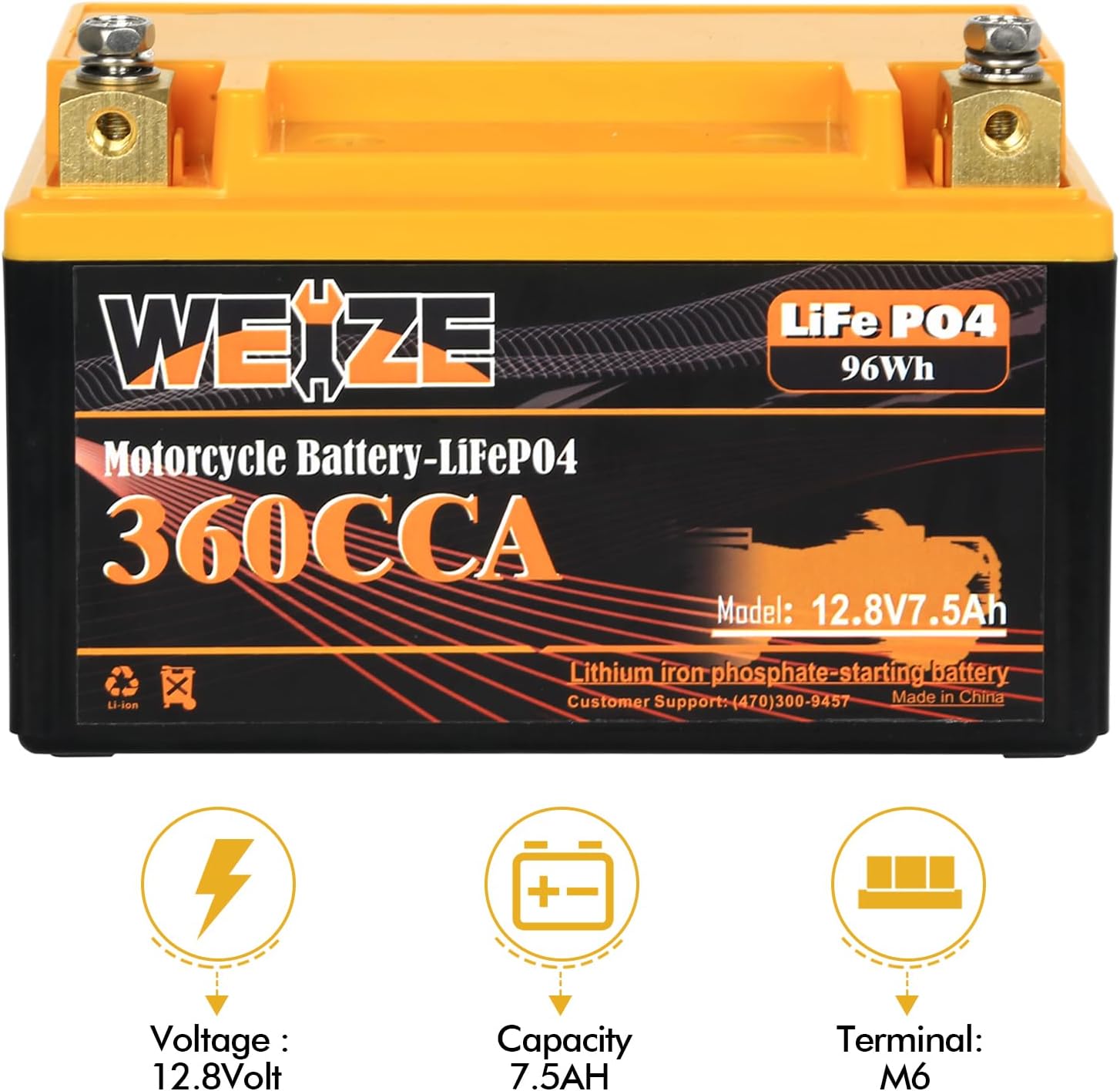 Weize YTX14-BS – Batería de litio, 360CCA, BMS inteligente integrado, 12 v, 7.5AH, YTX9-BS, LiFePO4, YTX12-BS, para motocicleta, cuatrimoto,