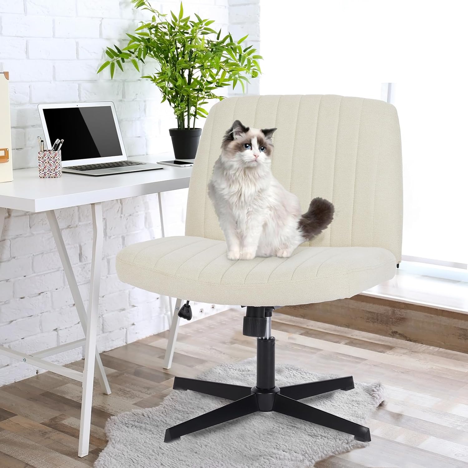 ZUNMOS Silla cruzada sin ruedas, silla giratoria con patas cruzadas, silla de tocador de tela moderna, silla sin brazos ancha ajustable en altura