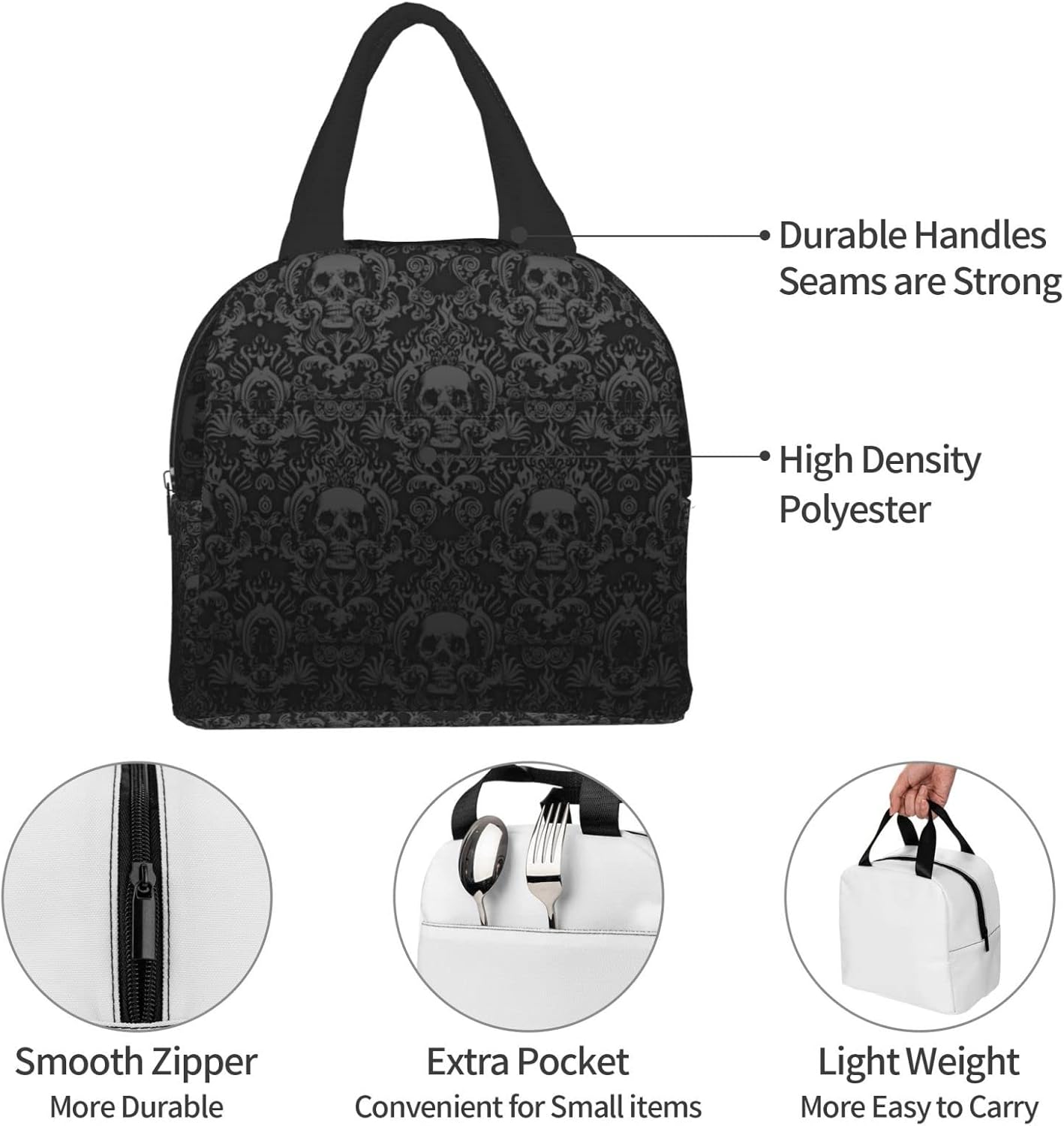 Bolsa de almuerzo aislada de calavera negra gótica con bolsillos, para mujeres y hombres, reutilizable, portátil, térmica, para el trabajo, picnic,