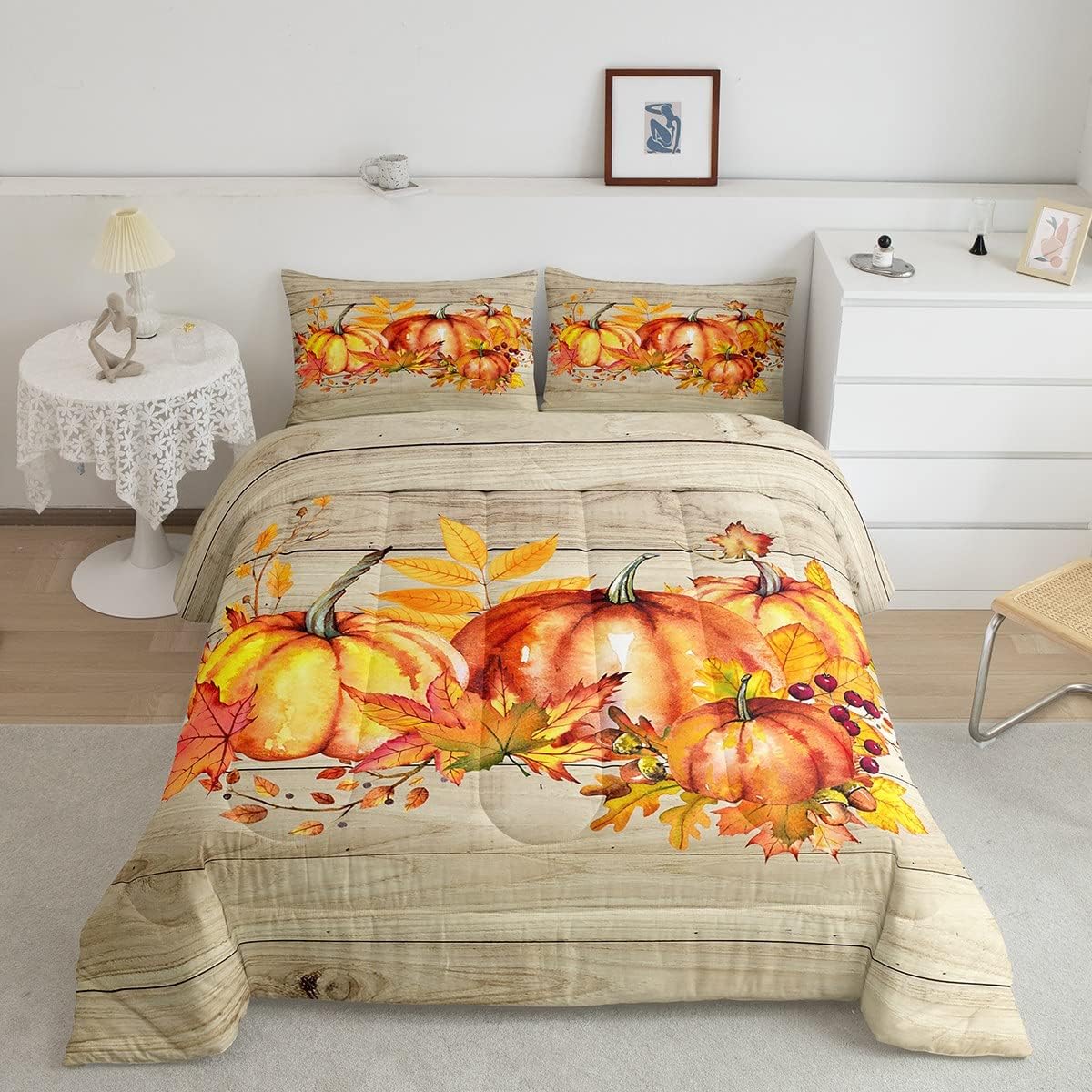 Juego de edredón de cosecha de otoño con diseño de hojas de granja y calabaza, juego de ropa de cama rústica con puerta de granero, diseño de arce