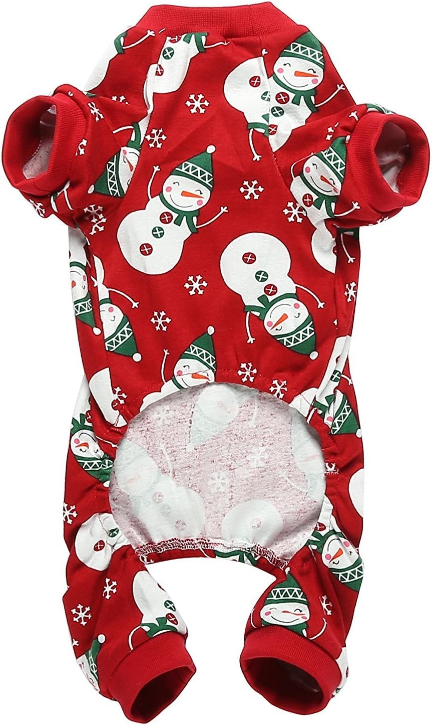 bonita pijama para perros, para mascotas pequeñas, diseño de muñeco y copos de nieve, color rojo, 95% algodón, 5% licra