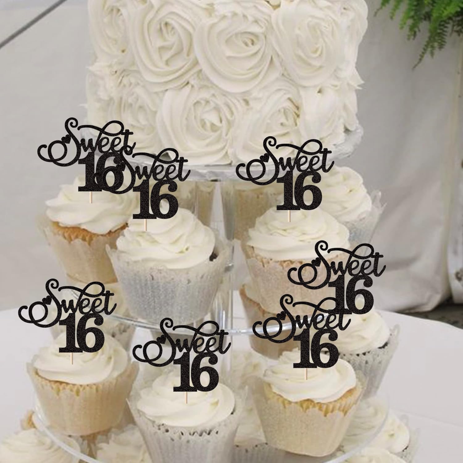 Rsstarxi Paquete de 30 adornos para cupcakes con purpurina de 16 años de edad, diseño de corazón de amor, para cumpleaños de 16 años, bodas,