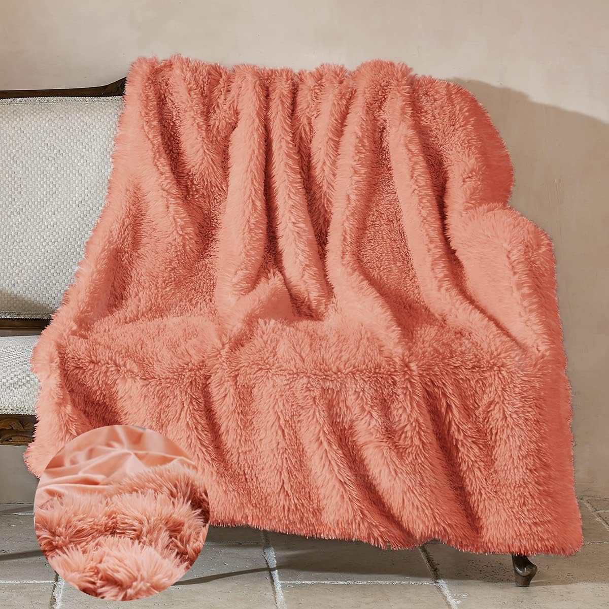Amélie Home Manta mullida de piel sintética, lujosa manta decorativa peluda para sofá, acogedora manta peluda de felpa para sofá cama, color rosa