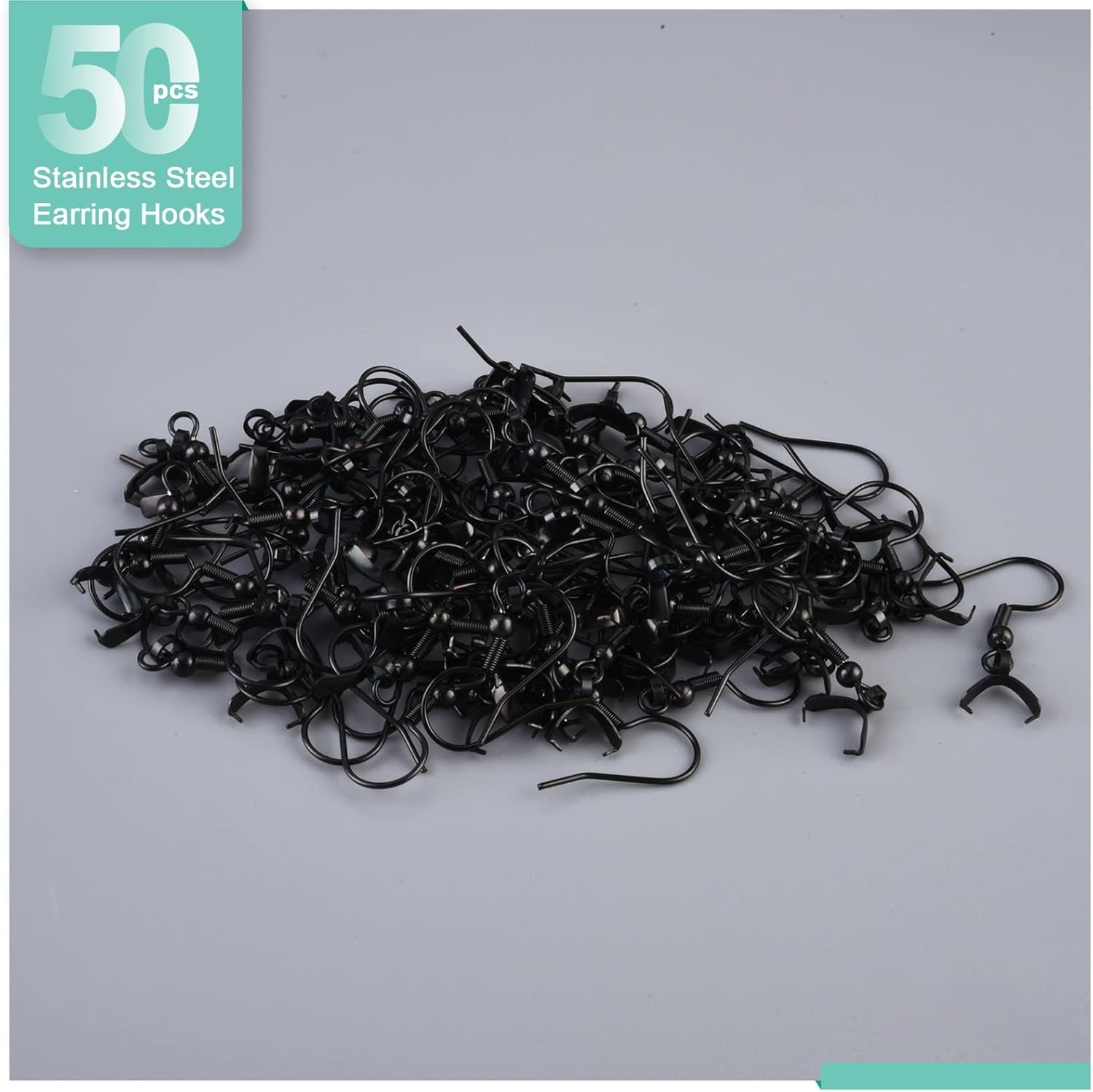 Ganchos para aretes, 50 unidades25 pares, cables de oreja negros de acero inoxidable, ganchos de pez, piezas hipoalergénicas para hacer joyas de